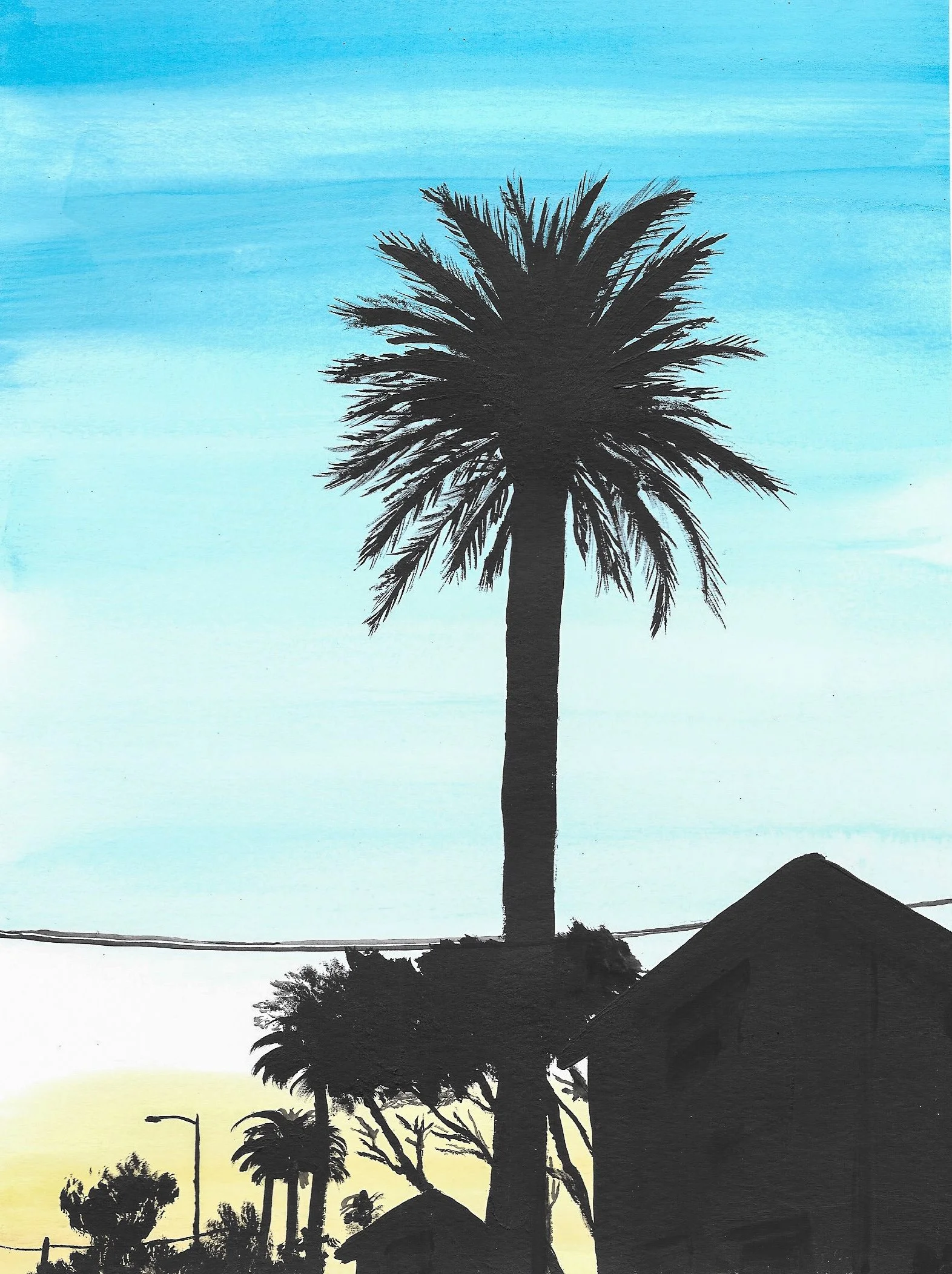 A silhouette of a tall palm tree against a watercolor sky with light blue at the top transitioning to yellow near the horizon, with silhouettes of other trees, houses, and streetlights at the bottom.