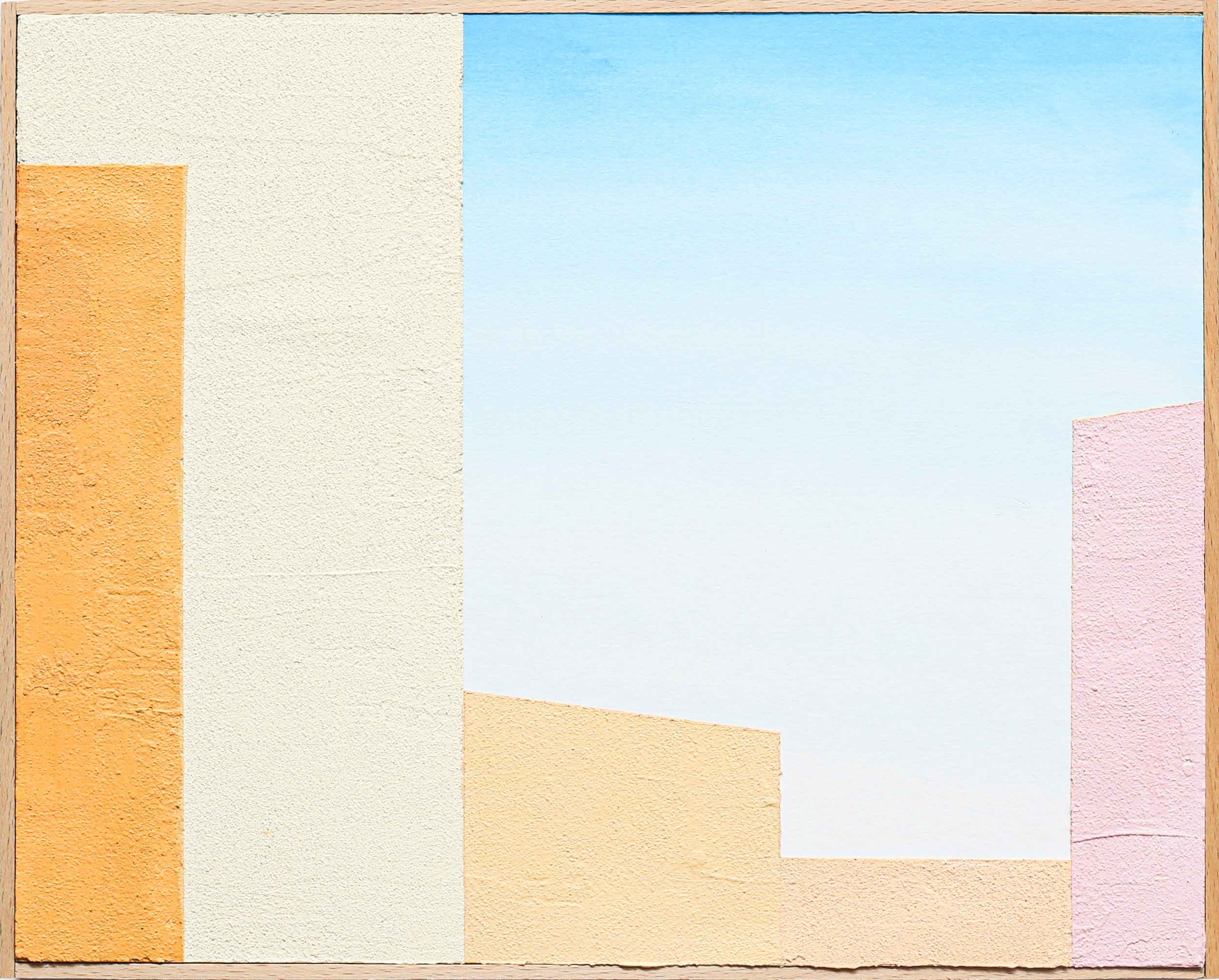 Colorful abstract wall with pastel shades of peach, cream, pink, and blue, with rectangular shapes and a textured surface.