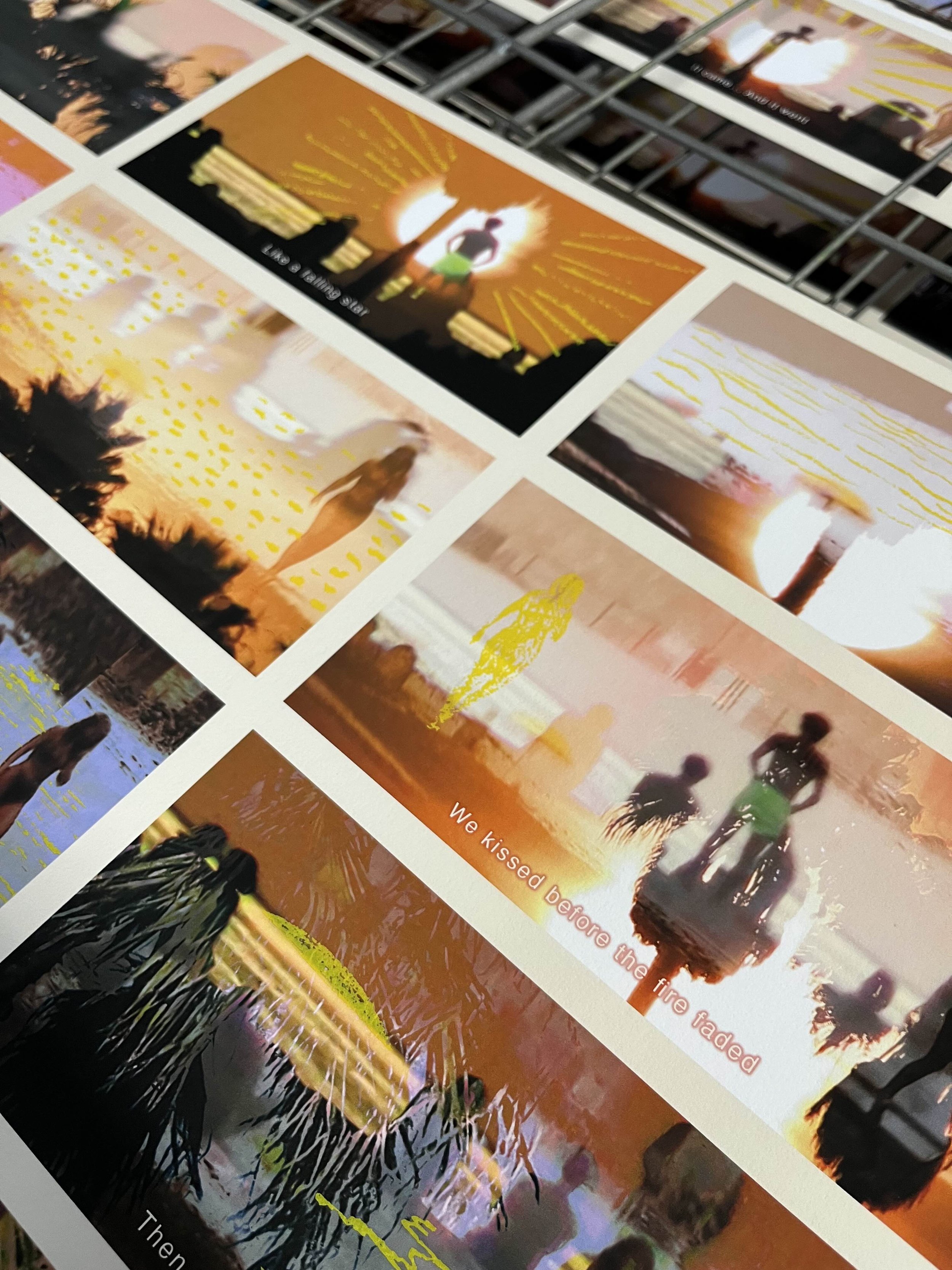 Photos of silhouetted people at sunset, with one woman walking along the water and the sun setting behind them, accompanied by handwritten style quotes about love and memories.