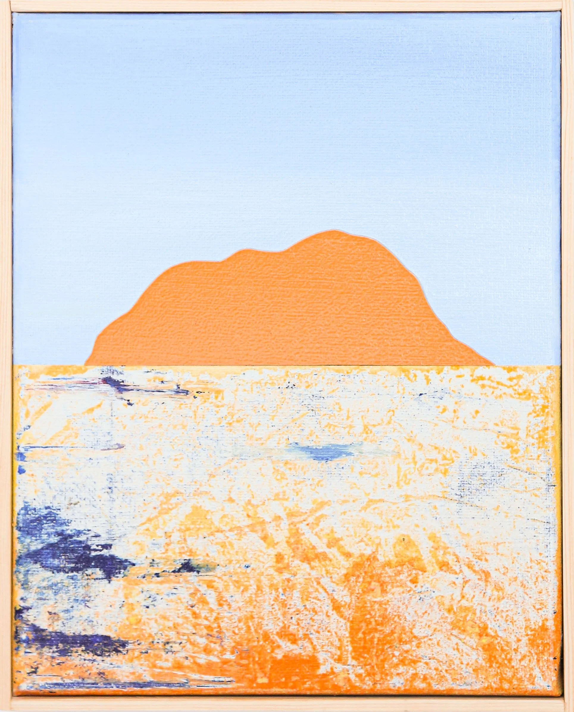 Abstract painting of a mountain and ocean scene with orange mountain in the background and textured blue and orange ocean surface in the foreground.