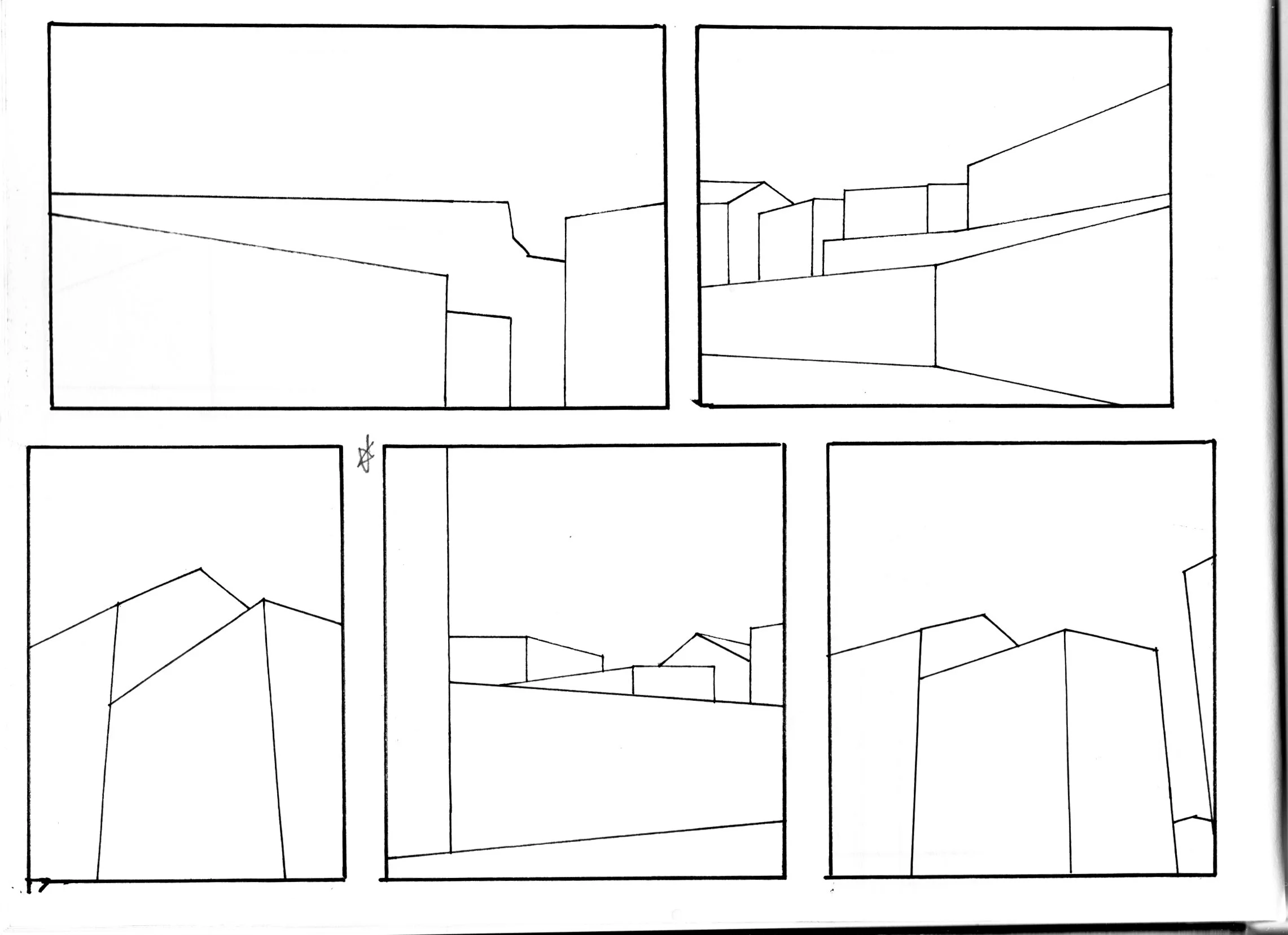 A black and white comic strip with six panels showing different cityscapes or architectural sketches, with minimal details and lines depicting buildings and urban perspectives.