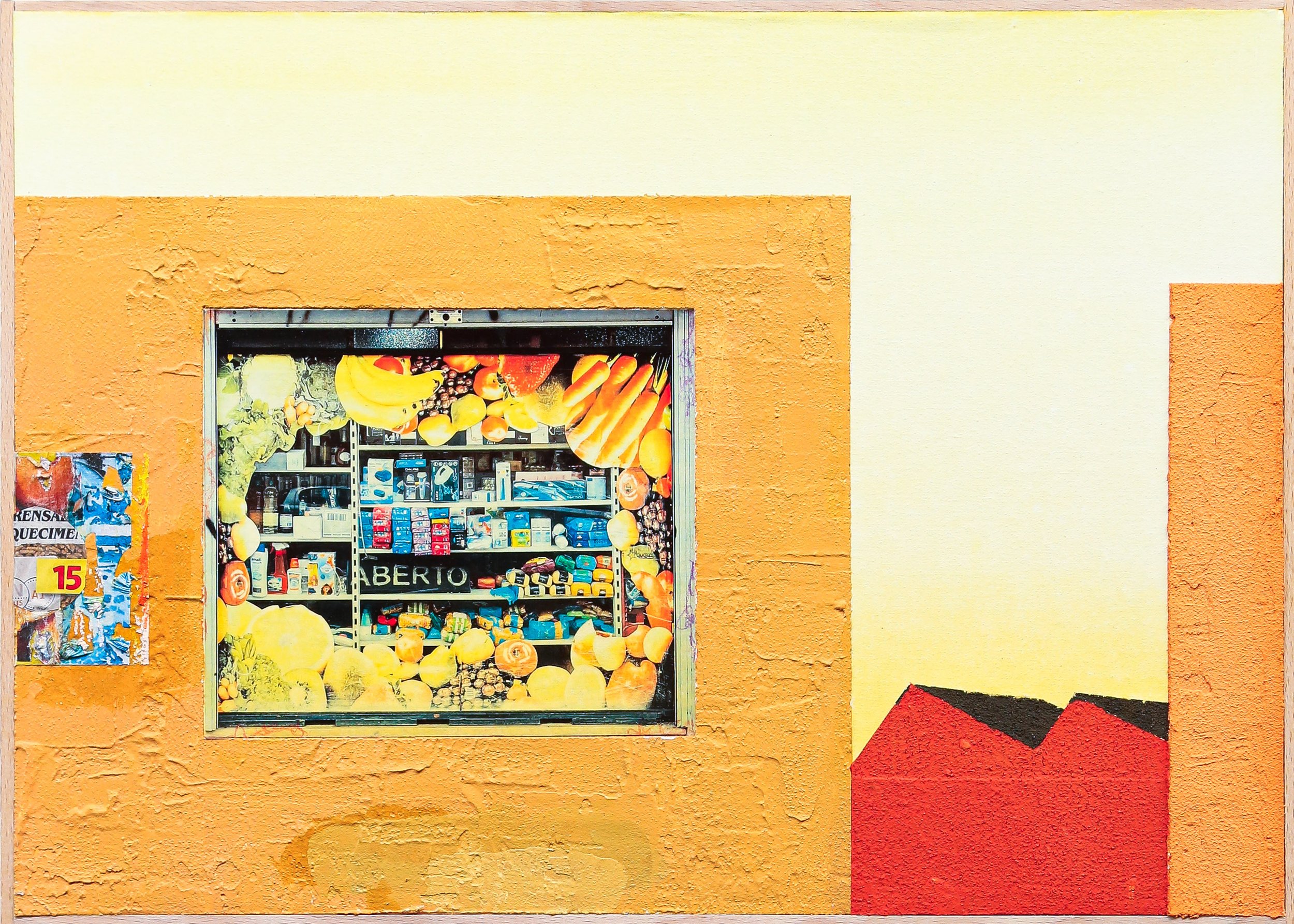 Colorful storefront window with painted fruit and vegetable border, displaying various products inside. The exterior wall is painted in shades of yellow and orange with a red geometric shape on the right.