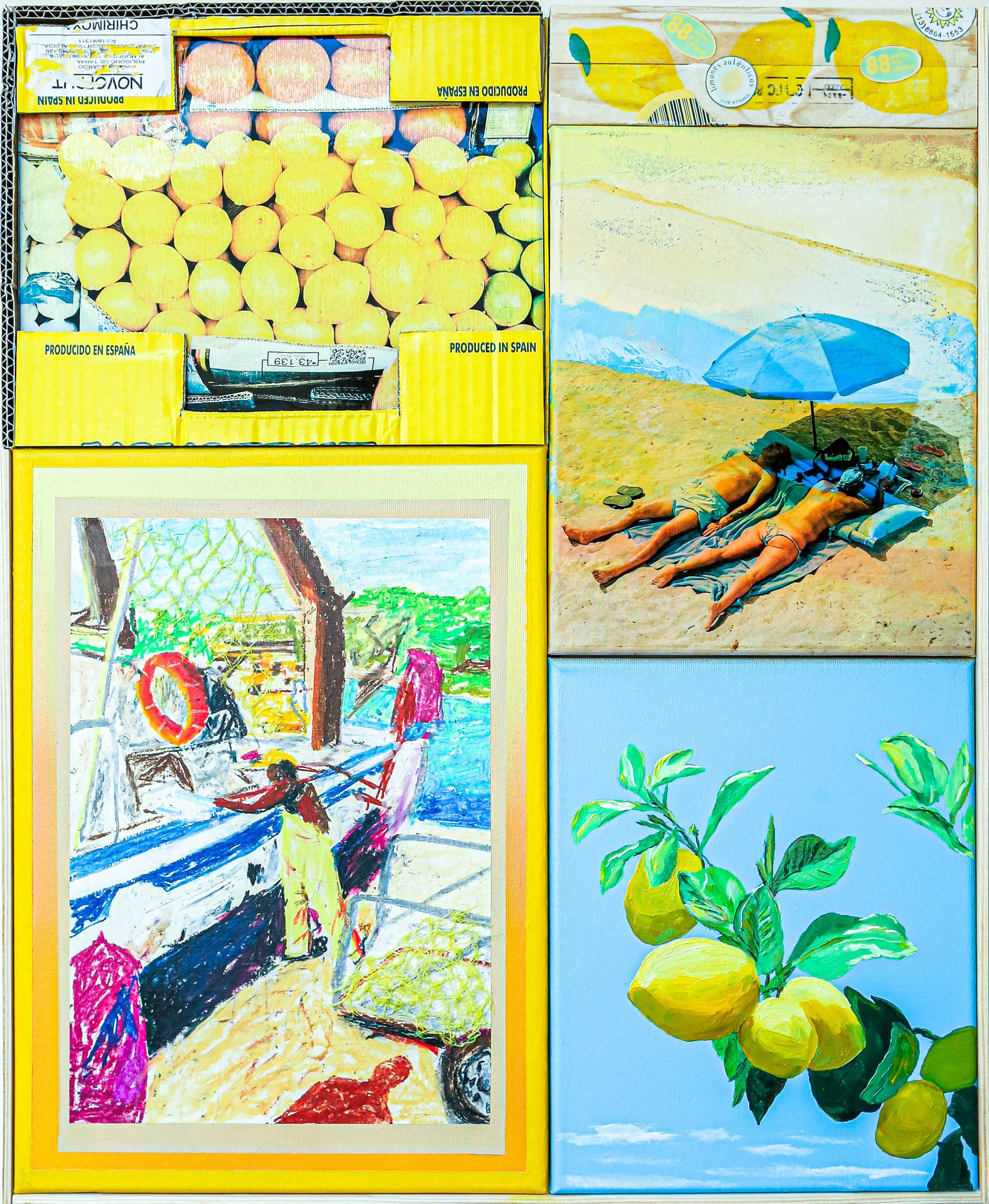 A collage of five different images, including a box of lemons, a beach scene with two people lying under an umbrella, a colorful painting of a woman near water, a painting of lemons and leaves, and a painting of a lemon tree with lemons and green leaves.