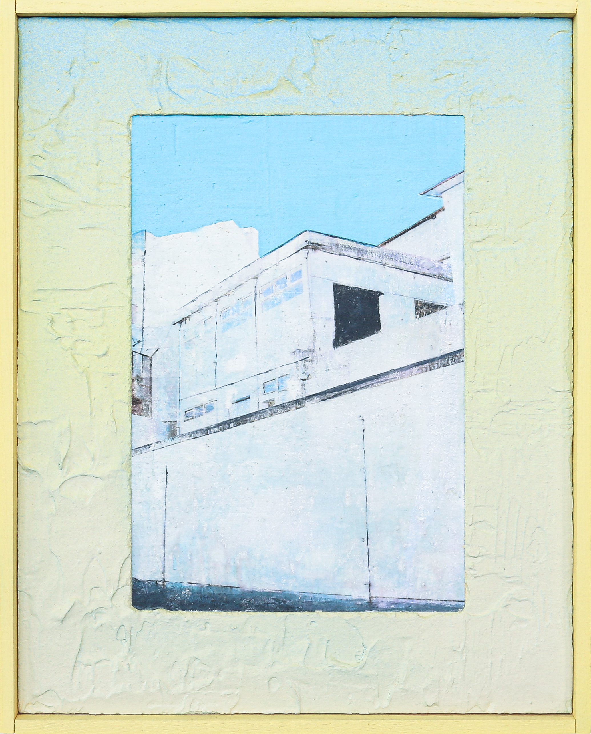 Painted wall art depicting a modern white building with large windows and a black doorway, against a blue sky, framed by textured yellow wall.