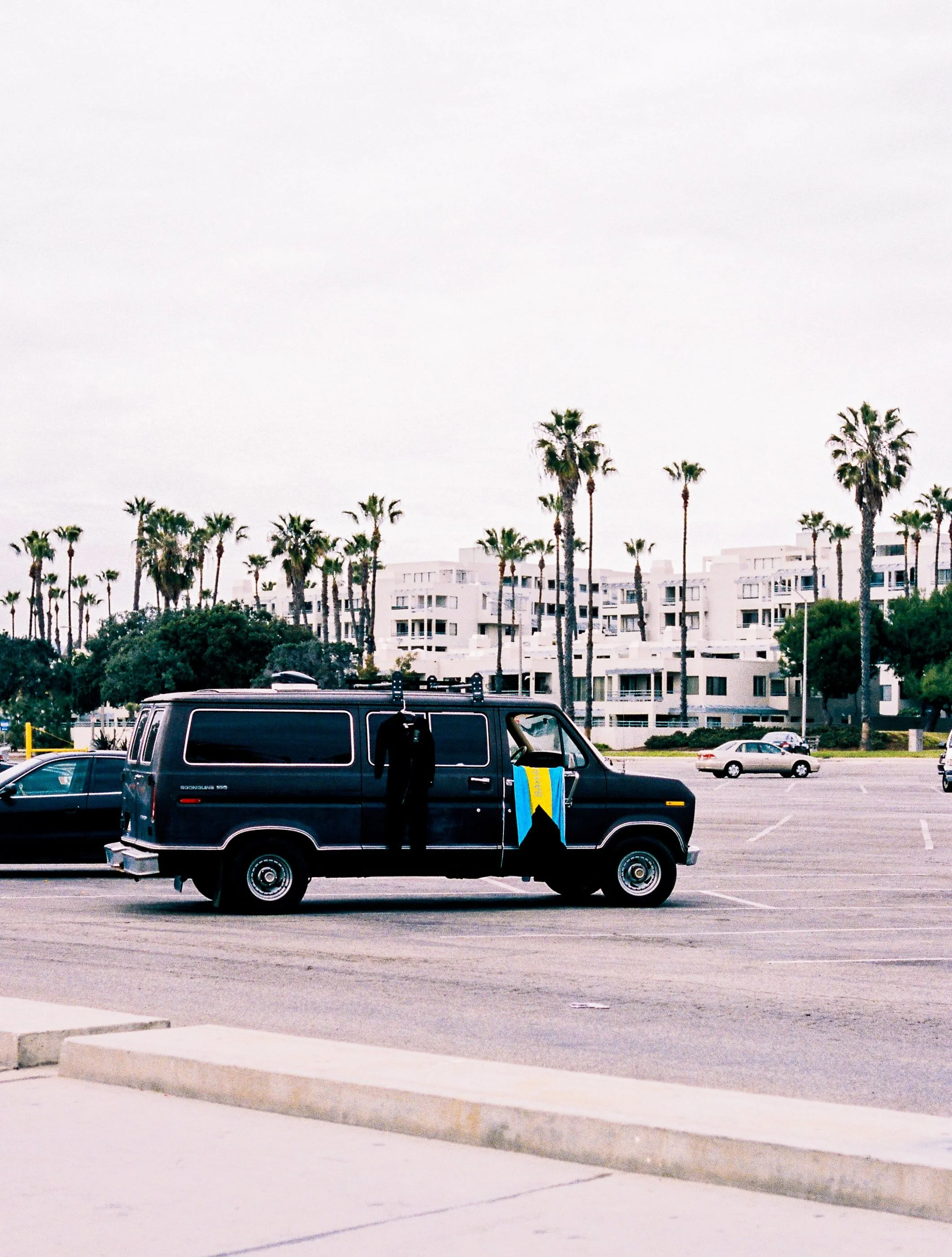 Black van parked in a lot with palm trees and white buildings in the background.