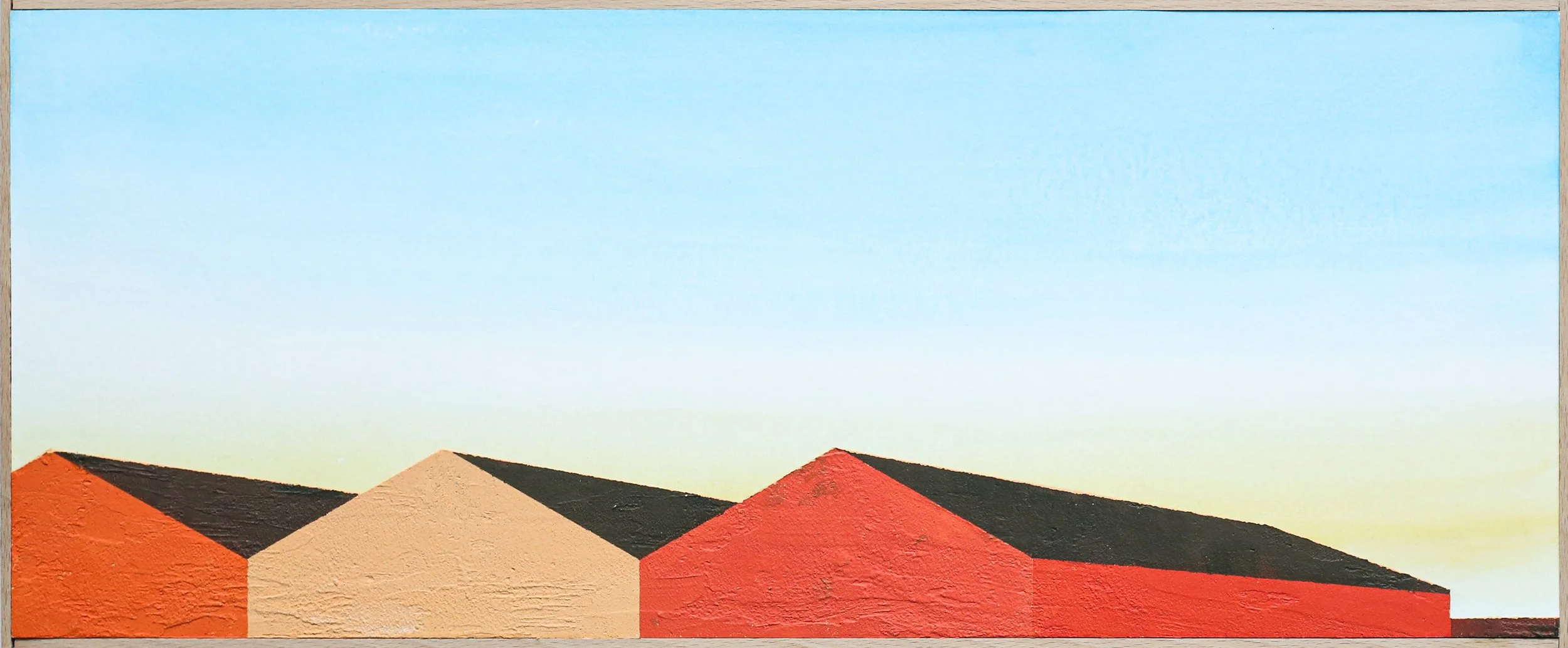 Abstract painting of rooftops in terracotta, beige, and black against a gradient blue sky.