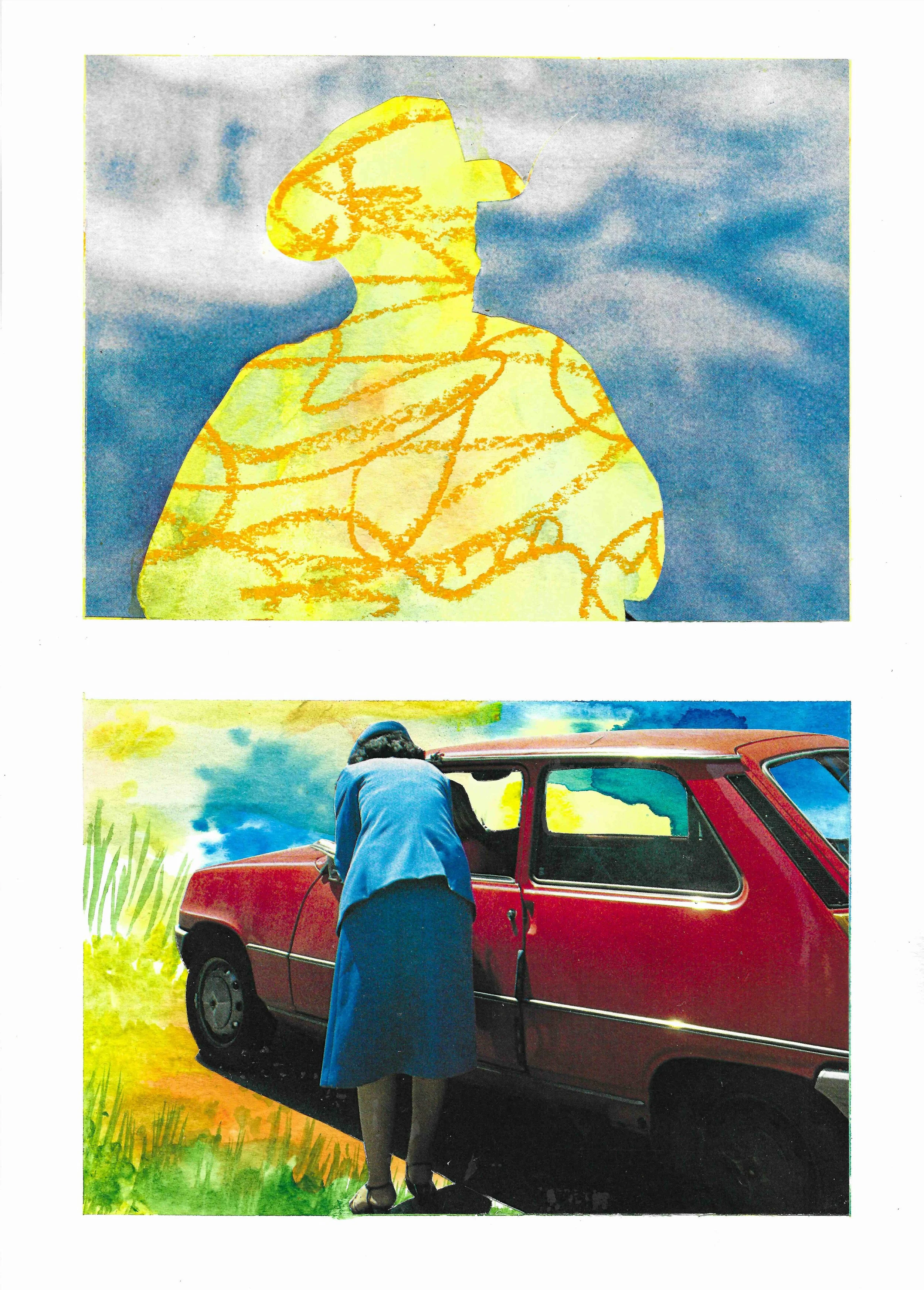 A collage of two images: the top image is a silhouette of a woman with a yellow and orange abstract pattern, set against a blue sky background. The bottom image shows a woman in a blue coat and black hat leaning into an open red car door next to a gr
