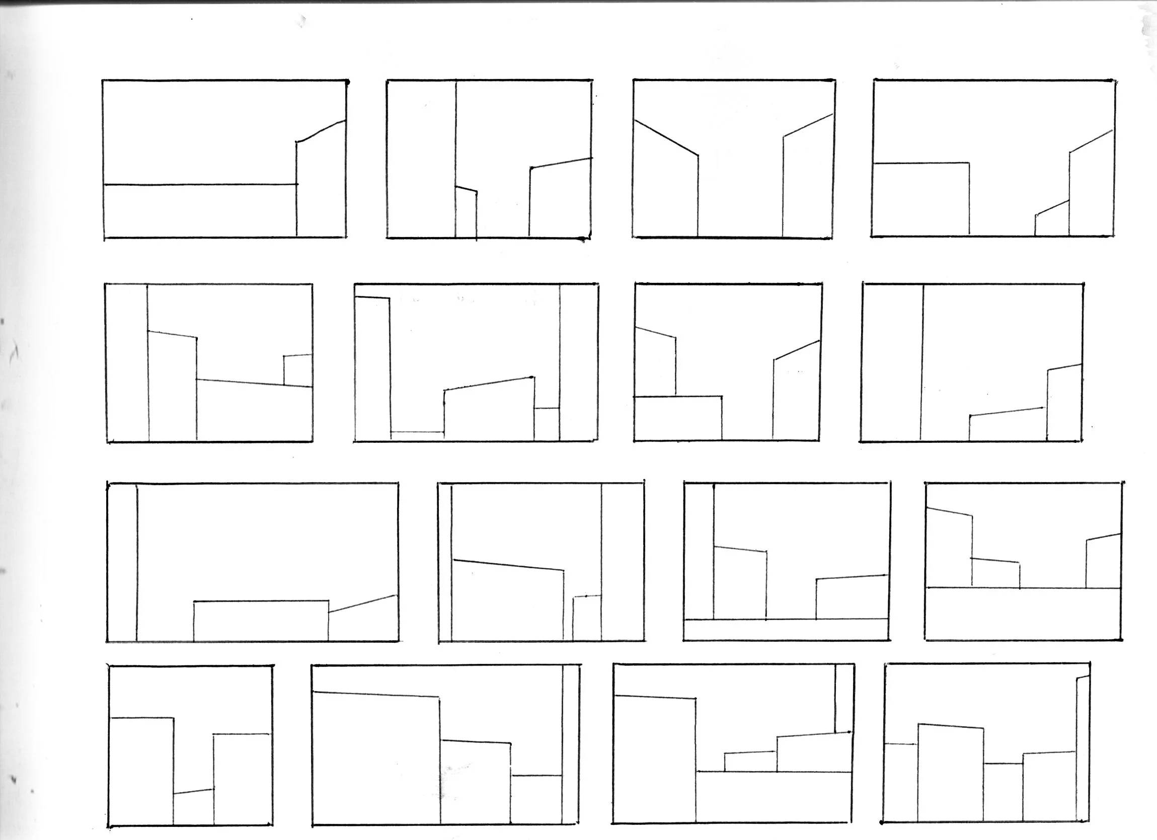 A sheet of paper with a grid of 15 small, hand-drawn line art sketches, each within a square, depicting abstract cityscape or architectural designs.