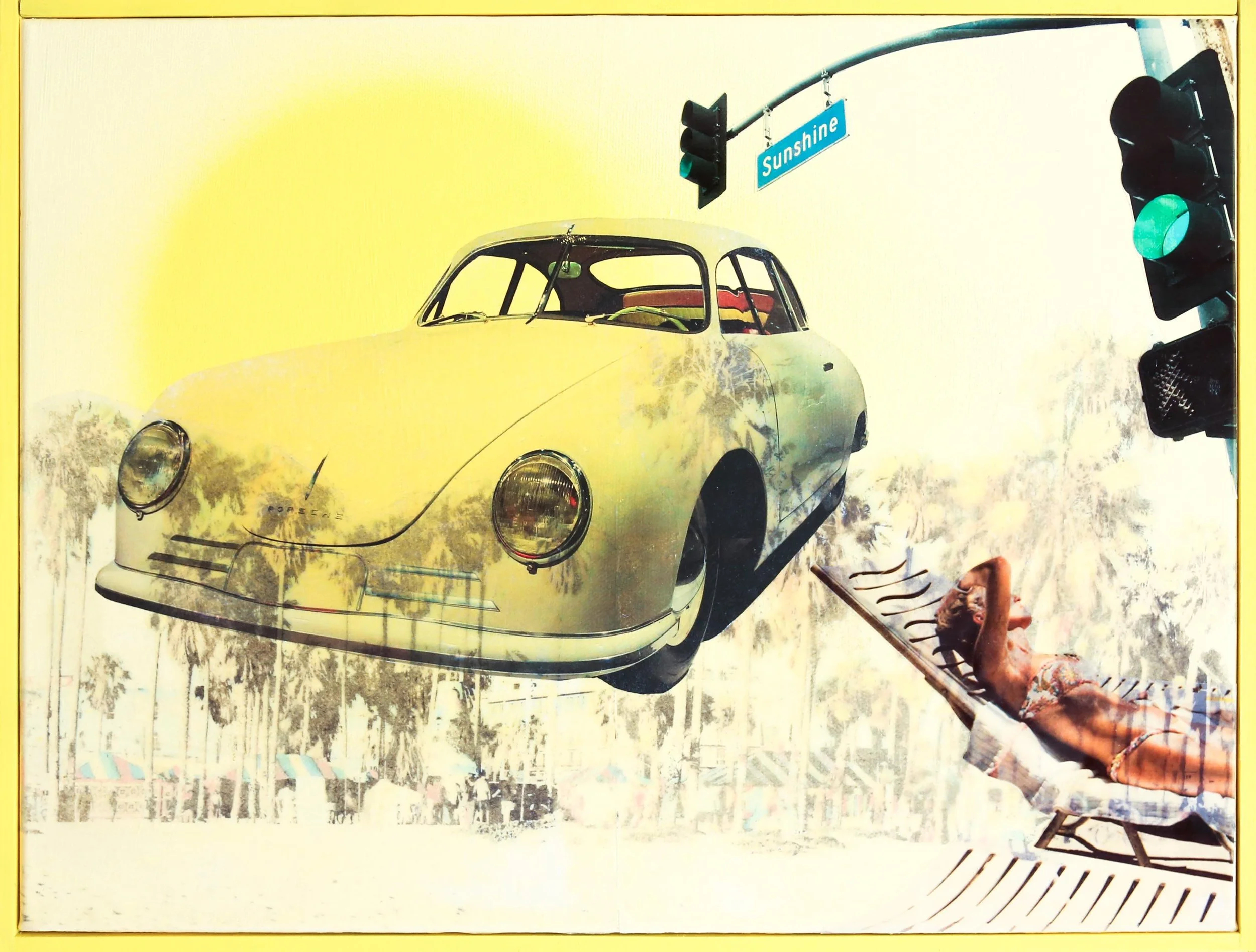 A corrupted, duplicated image of a vintage yellow Porsche car with trees and power lines reflected on its surface. The scene includes a traffic light and a street sign reading 'Sunshine'. There is a woman lying on a lounge chair, wearing a swimsuit, with her hand behind her head. The image appears to be upside down and distorted.