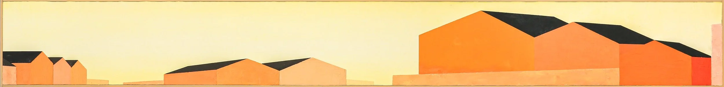 Abstract landscape painting with orange and black geometric shapes representing buildings set against a pale yellow sky.
