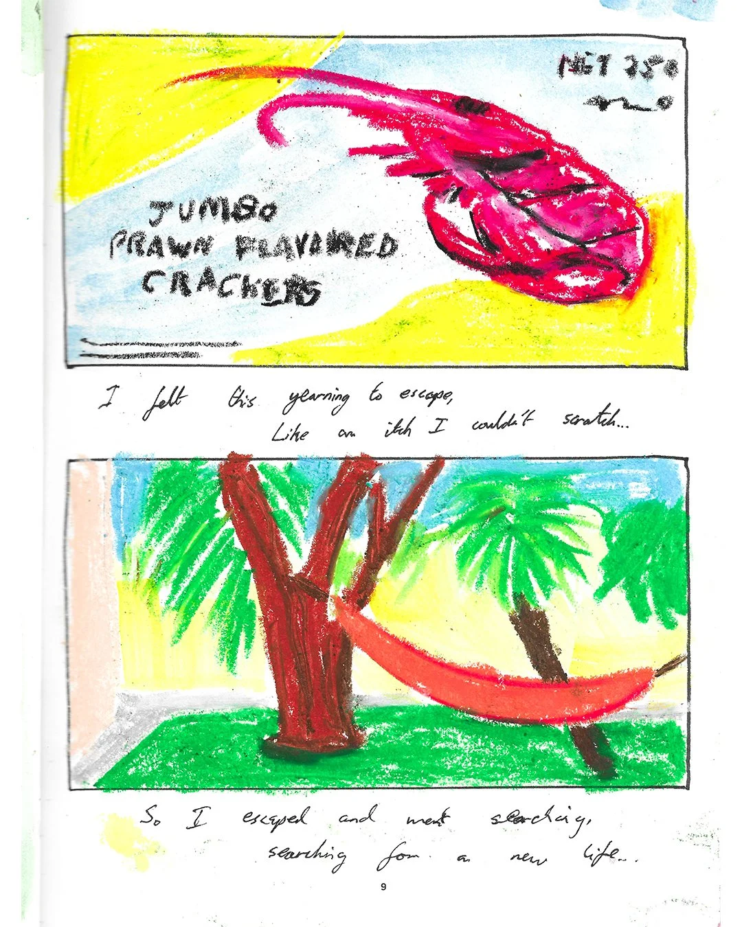 Colorful drawing of a package labeled 'Jumbo Prawns Flavored Crackers' at the top, with handwritten text below about escaping and searching for a new life. The drawing includes a pink prawn and two trees with a hammock.