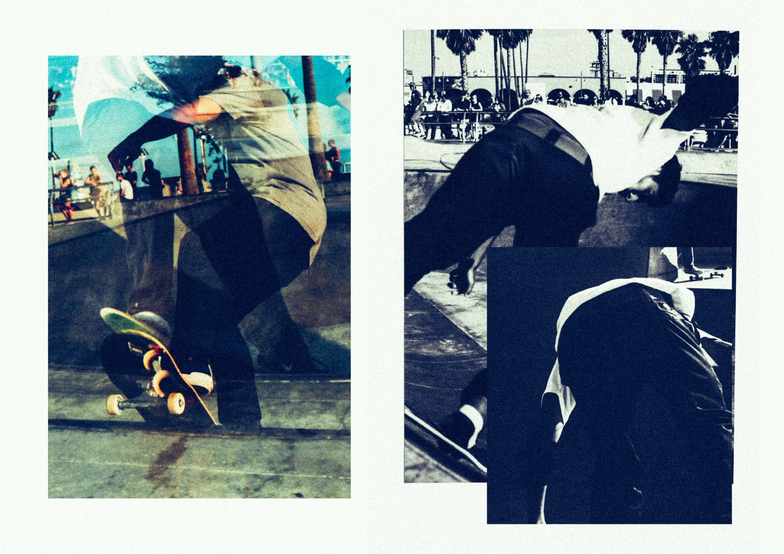 Collage of three images of skateboarders performing tricks at a skate park. The left image is a color photo of a skateboarder mid-trick, with a public outdoor setting behind them. The top right image is a black-and-white photo of a skateboarder crouched on the ground, facing away, with palm trees and spectators in the background. The bottom right image is a black-and-white photo of a skateboarder bent over on a skateboard, with a background that is not clearly visible.