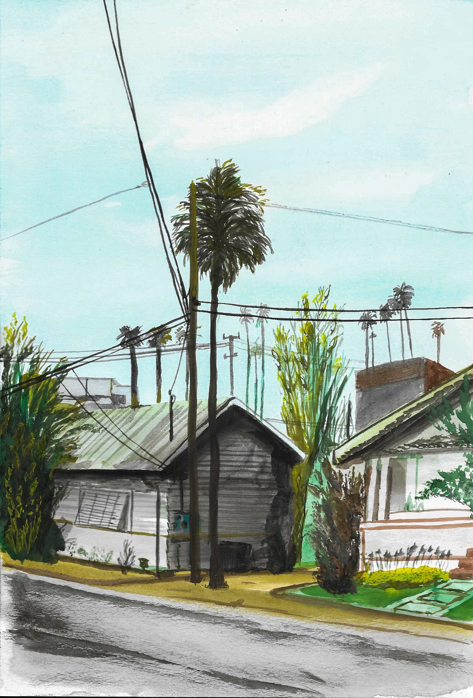 A watercolor painting of a suburban street scene with houses, trees, power lines, and a cloudy sky.