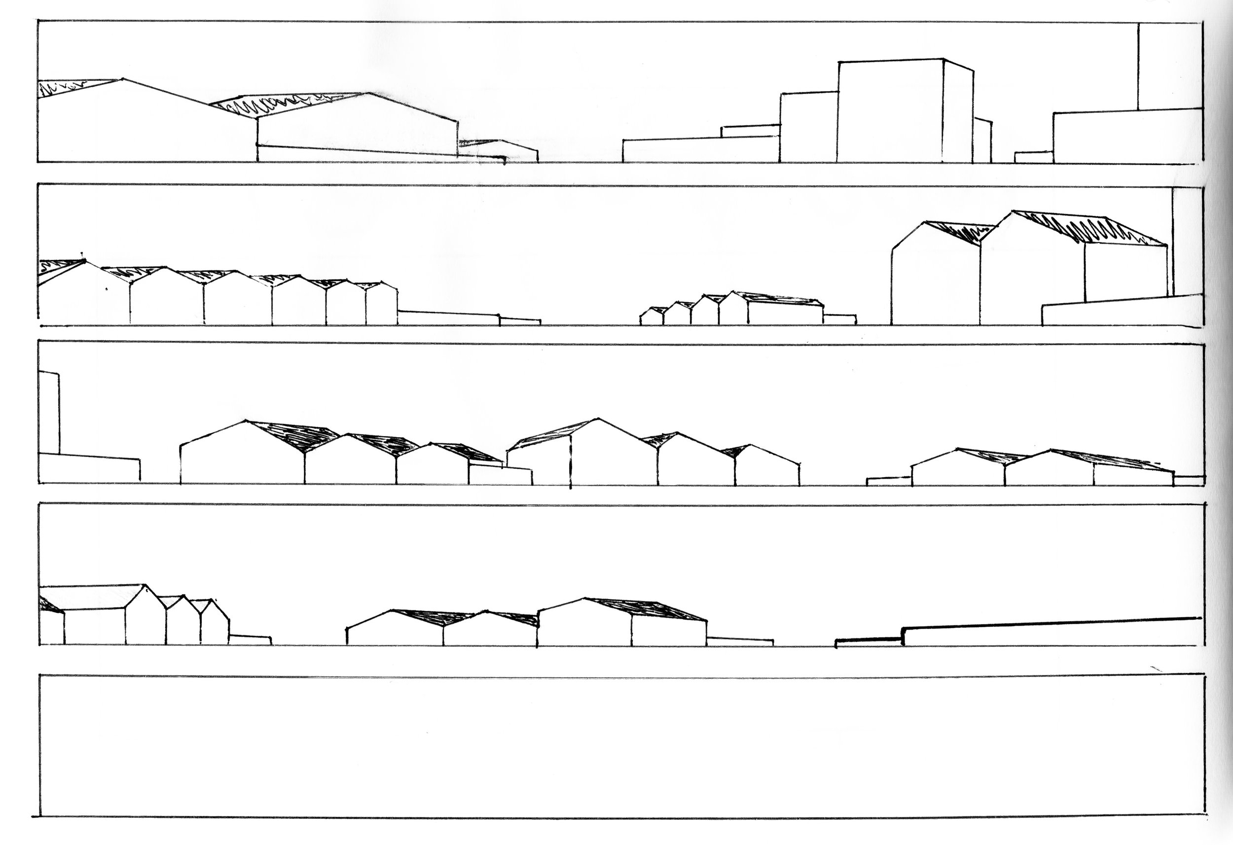 Line drawing of an urban landscape showing multiple rows of buildings with varying roof shapes and heights, viewed from different angles.