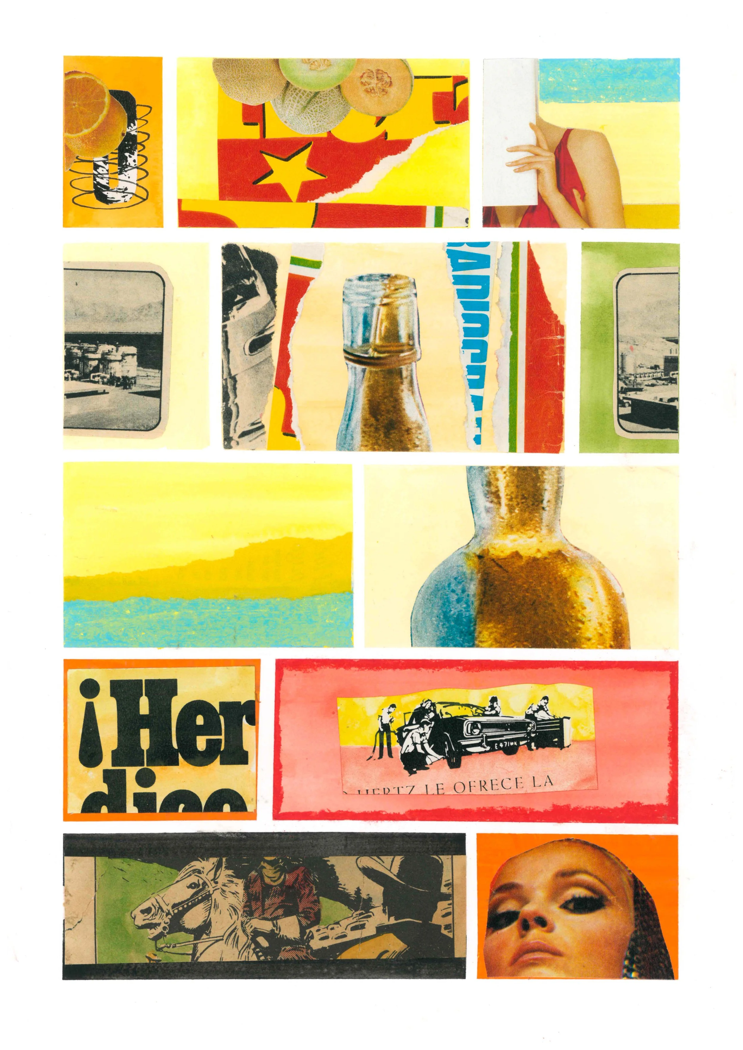 Collage of various images including fruits, a person, a bottle, a car, a horse with rider, and a woman's face, arranged in a grid with some torn and overlapping portions.