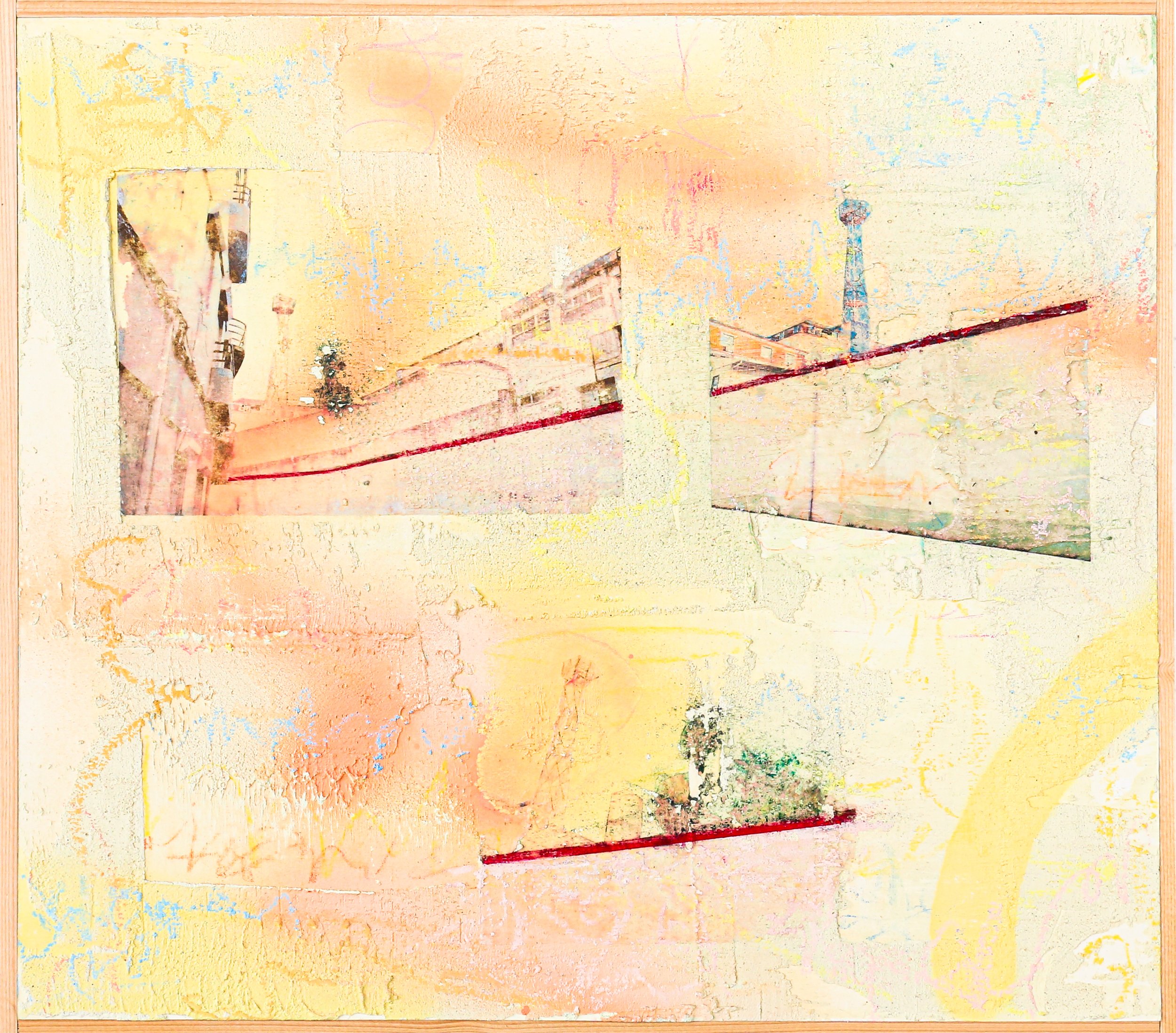 Abstract watercolor painting with pastel shades of yellow, pink, and orange, featuring three rectangular sections with faint cityscape outlines and a tower in the background.