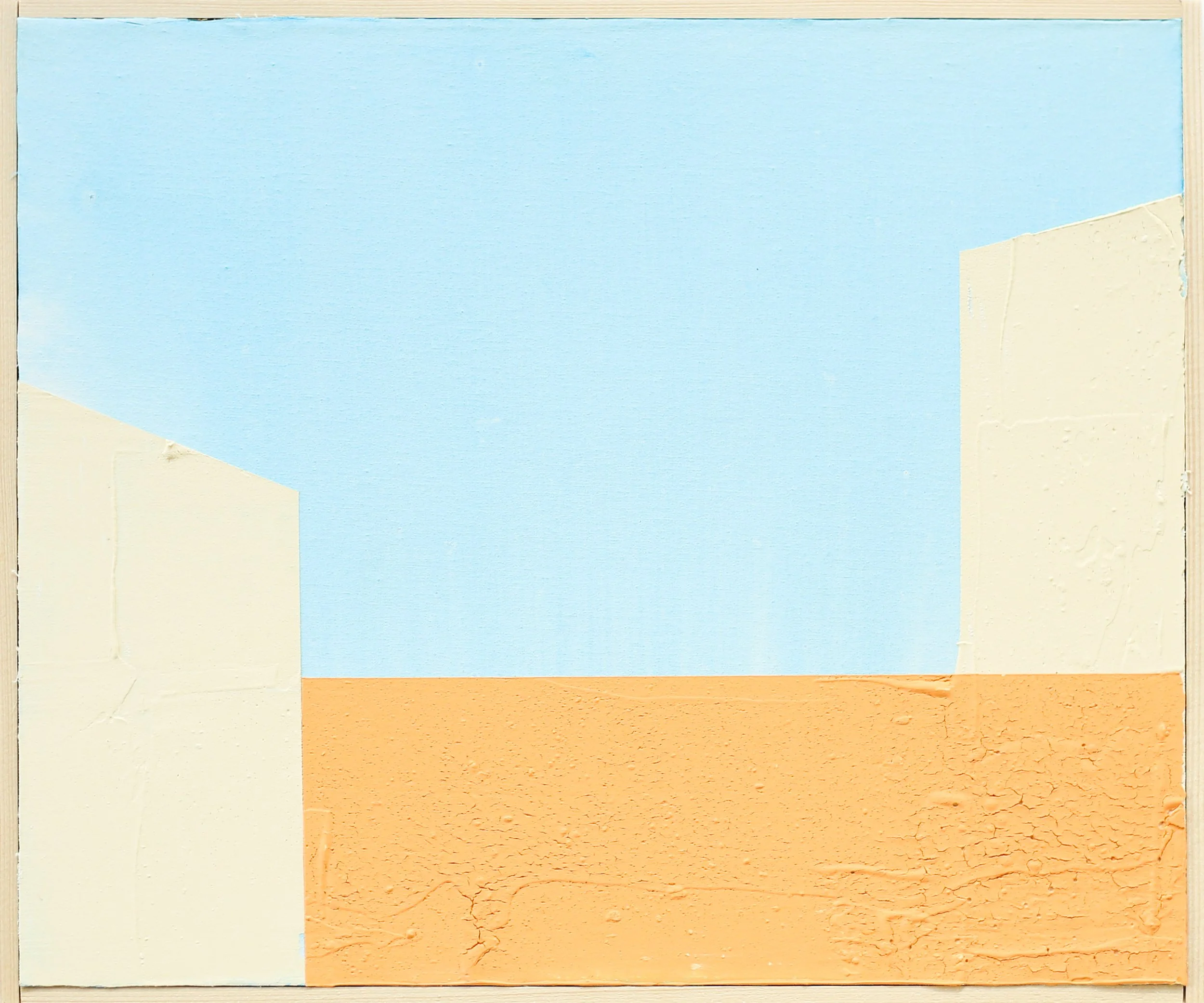 Abstract geometric painting with large blue sky, yellowish beige building walls on the left and right, and a horizontal orange stripe at the bottom.