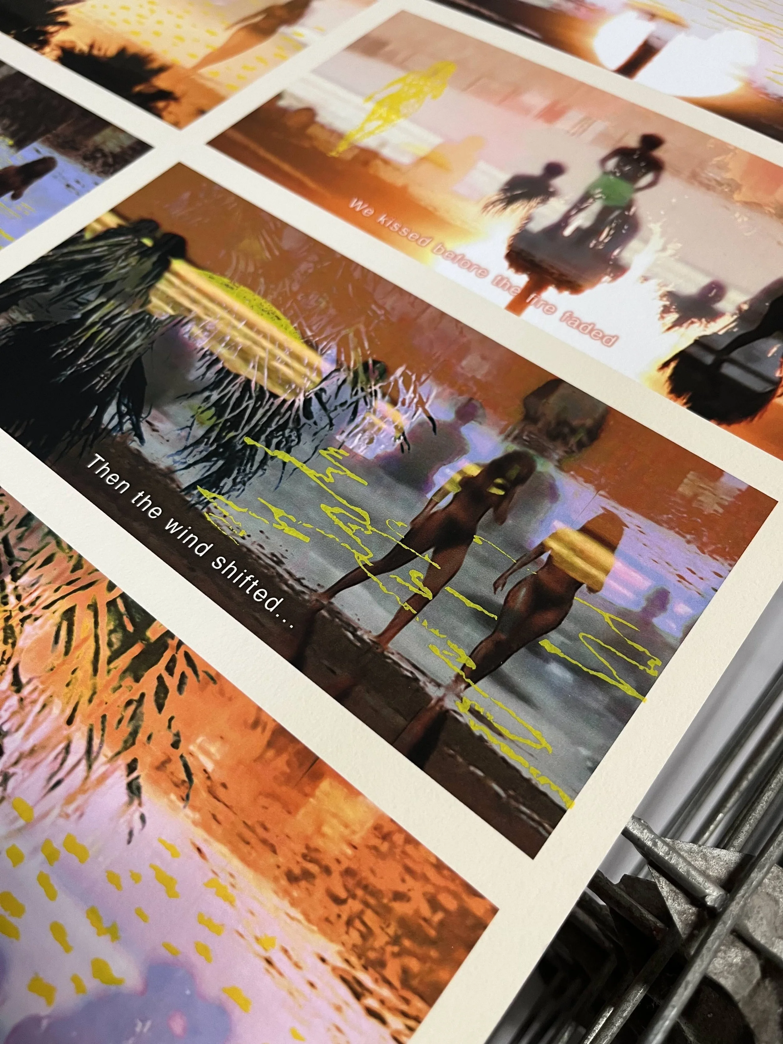 A photo of a collage of colorful sunset and beach scenes with silhouettes of people, including two standing at the water's edge, with yellow handwritten-style text over the images.