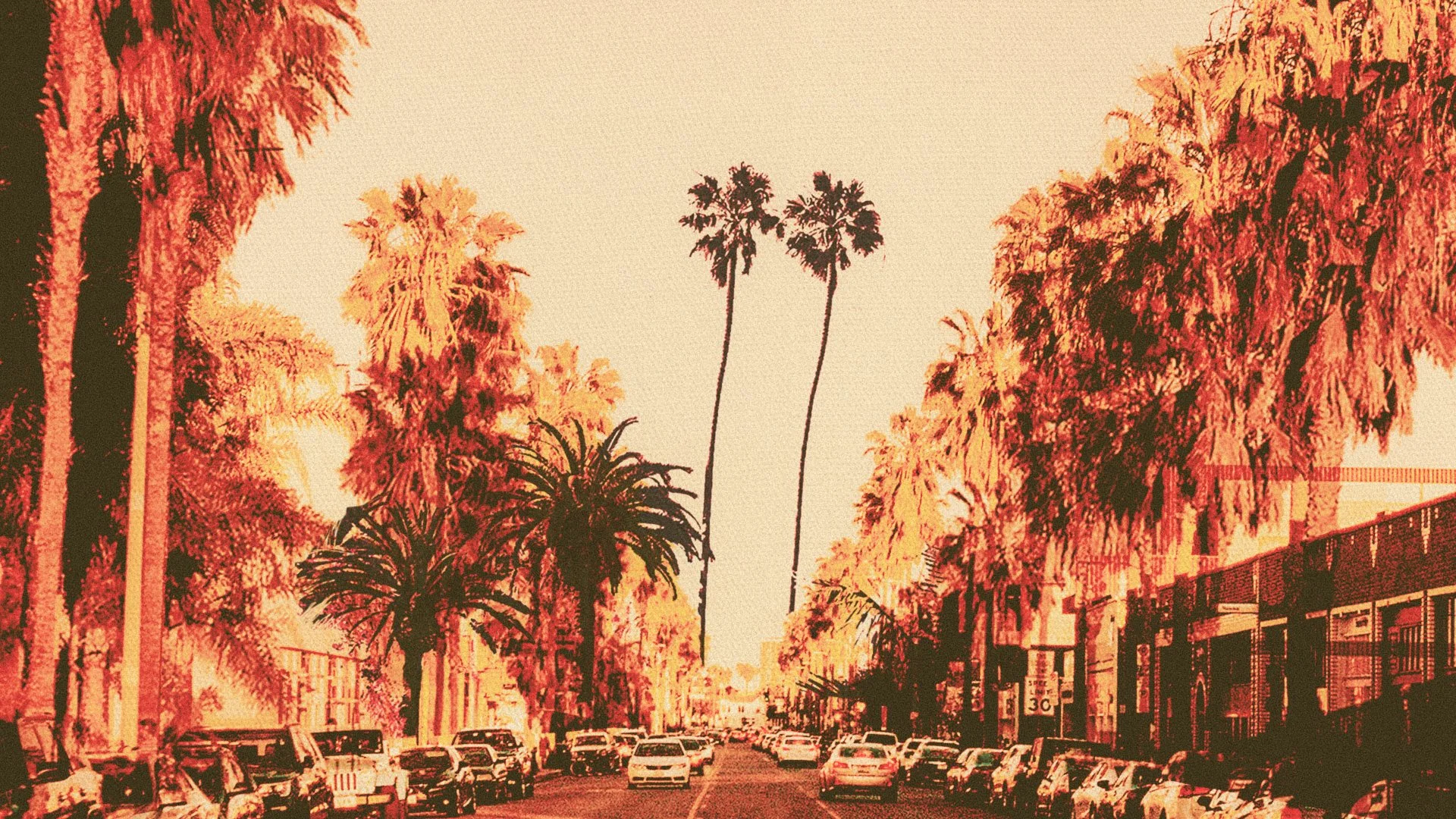 Street lined with tall palm trees and cars parked along the sides, with buildings on the right, under a warm-colored sky. Artwork by British artist, Harry Cartwright