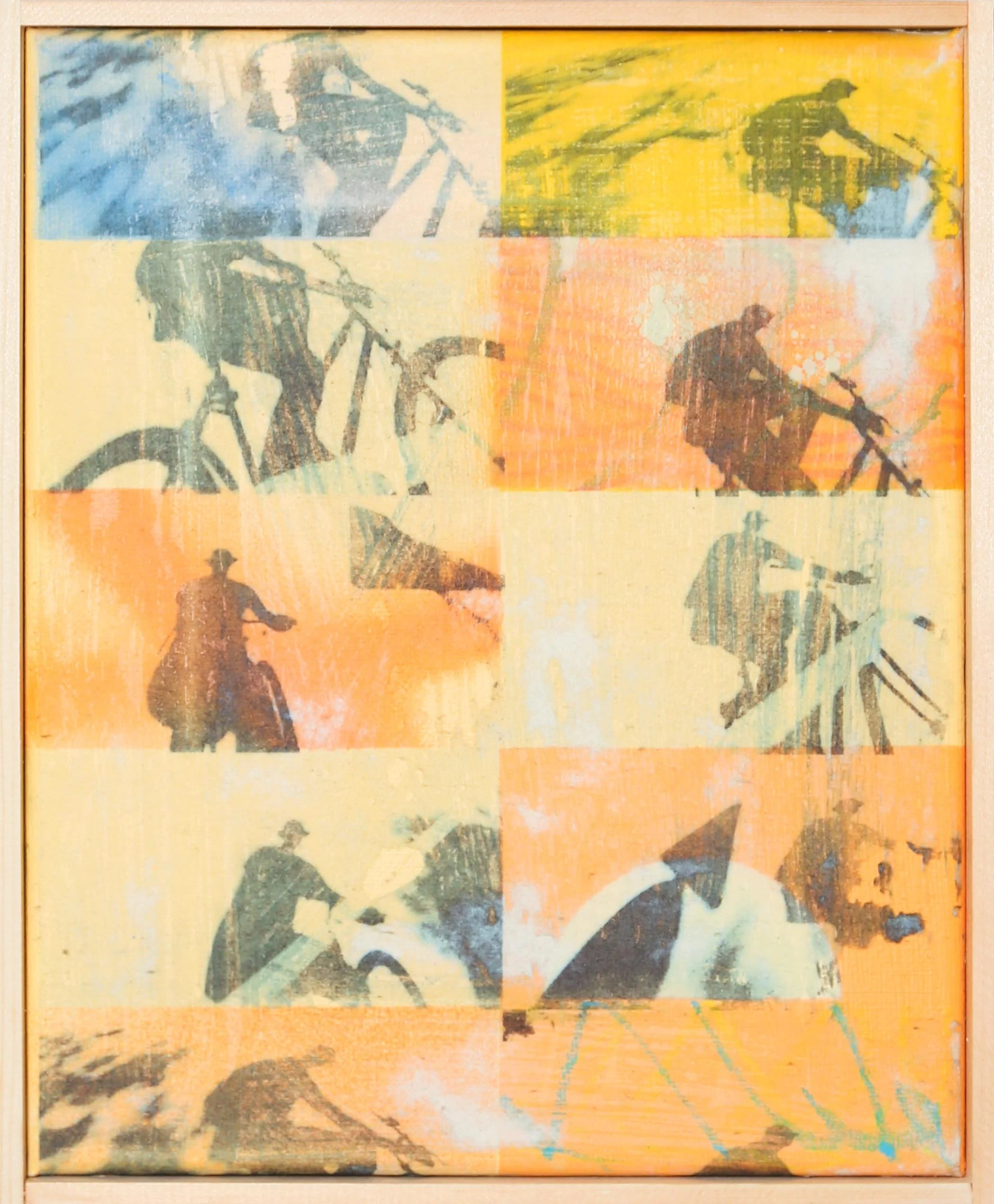Artwork featuring multiple stylized silhouettes of cyclists in motion, rendered in a grid of pastel colors including blue, yellow, orange, and beige.
