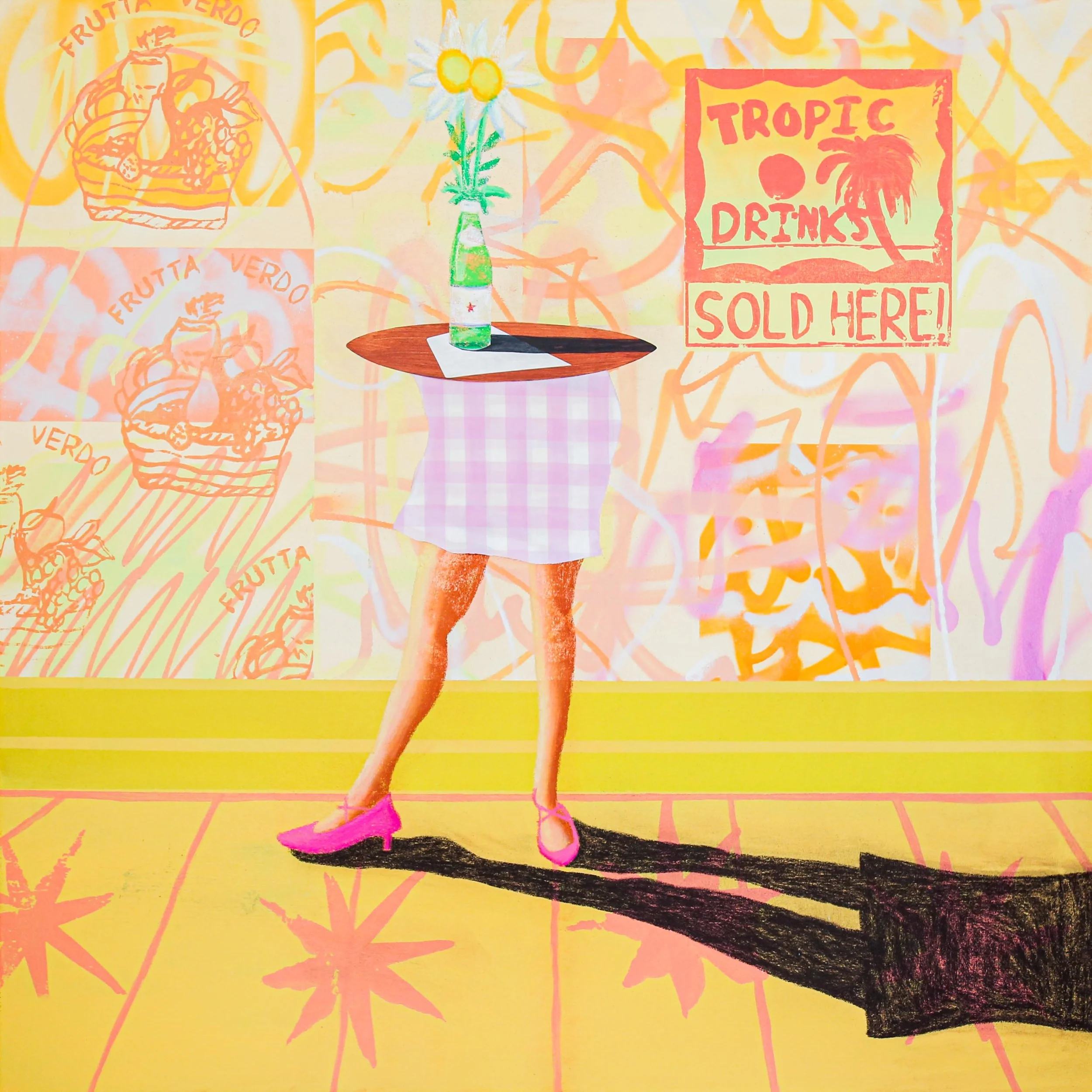 A colorful, surreal painting of a person with a human body and no head, standing on a yellow floor with star-like patterns. The person is wearing pink high heels and a pink checkered skirt. The person's head is replaced by a table with a watermelon s