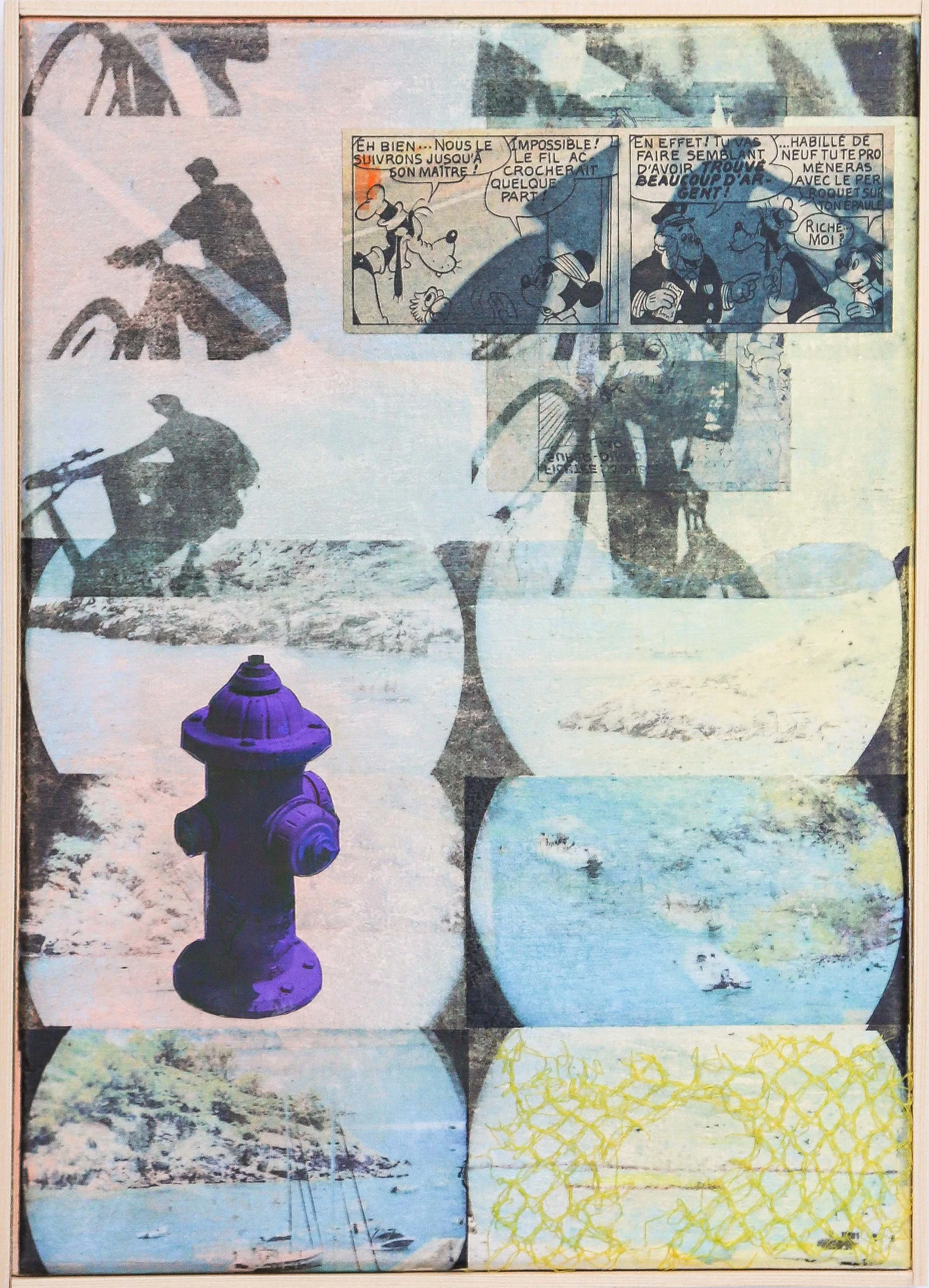 Mixed media collage featuring black-and-white photographs of a person with a bicycle, a surfing scene, a purple fire hydrant, a marina, and abstract yellow scribbles. Artwork by Harry Cartwright.