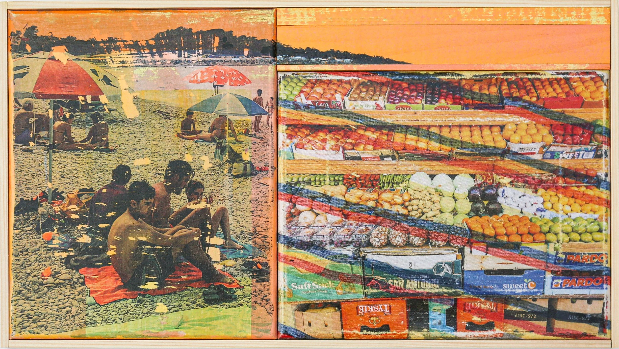 Beach scene with people sitting under umbrellas and children playing, adjacent fruit market with various fruits displayed in wooden crates.