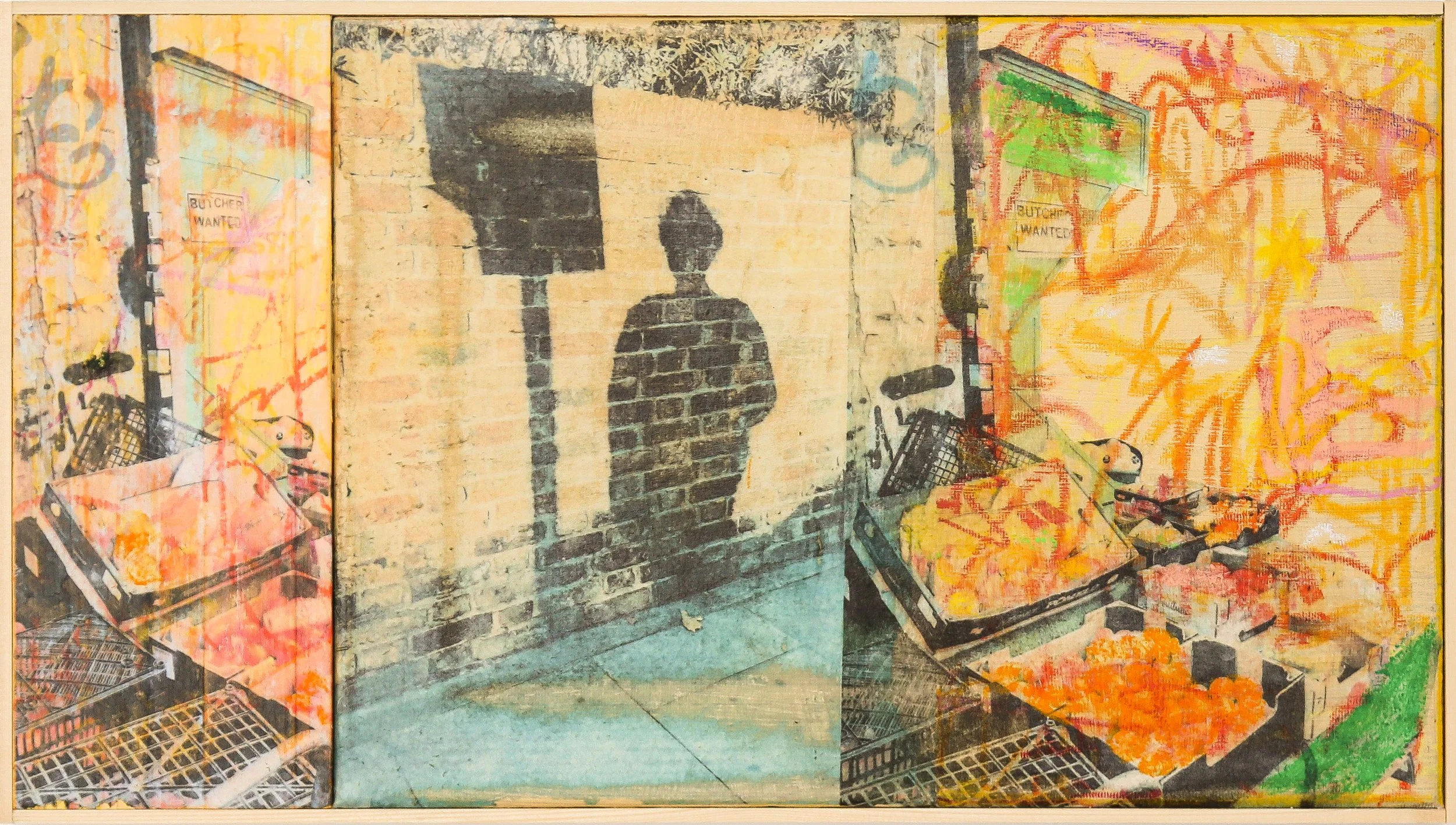 Street art mural depicting a brick wall with human shadow, surrounded by colorful spray-painted abstract patterns and images of grocery store produce and shopping baskets.