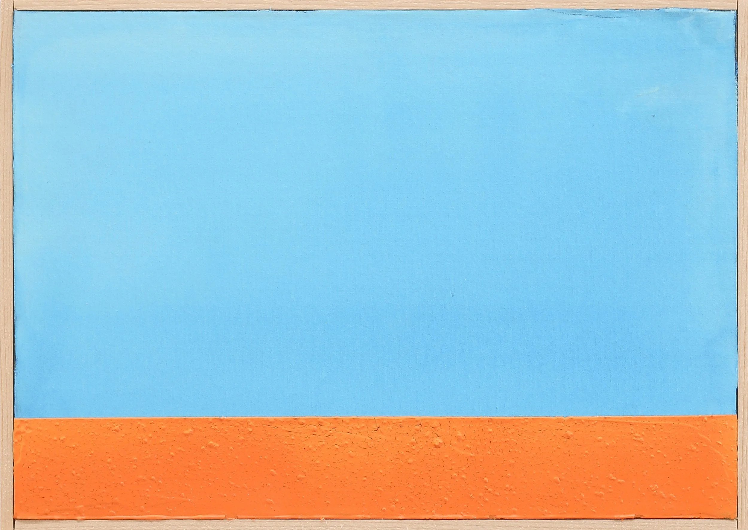 Abstract painting with a blue sky-like upper section and an orange earth-like lower section, separated by a horizontal line.