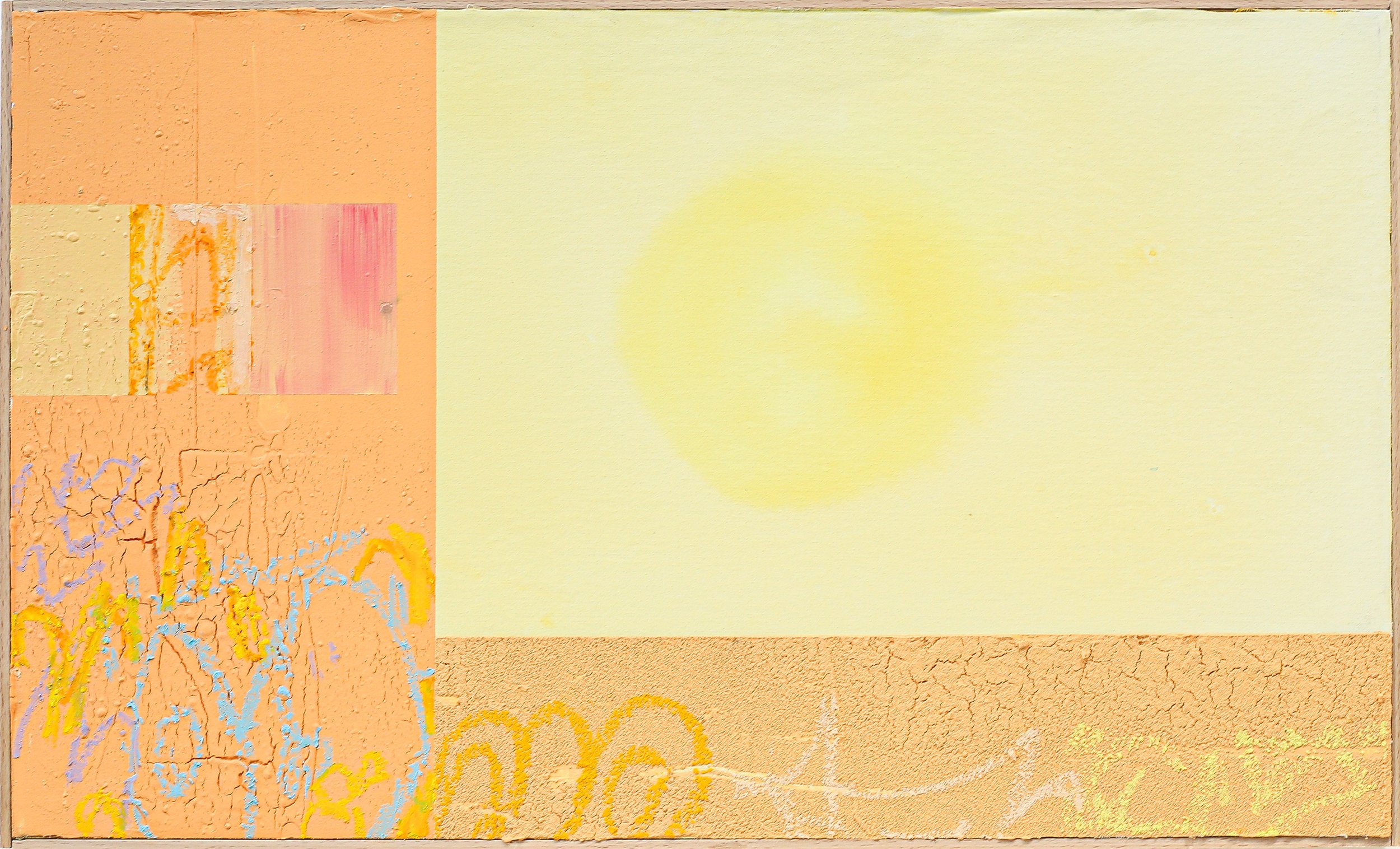 Abstract artwork with pastel colors, textured surface, and random patterns including yellow, purple, and blue lines on an orange and cream background.