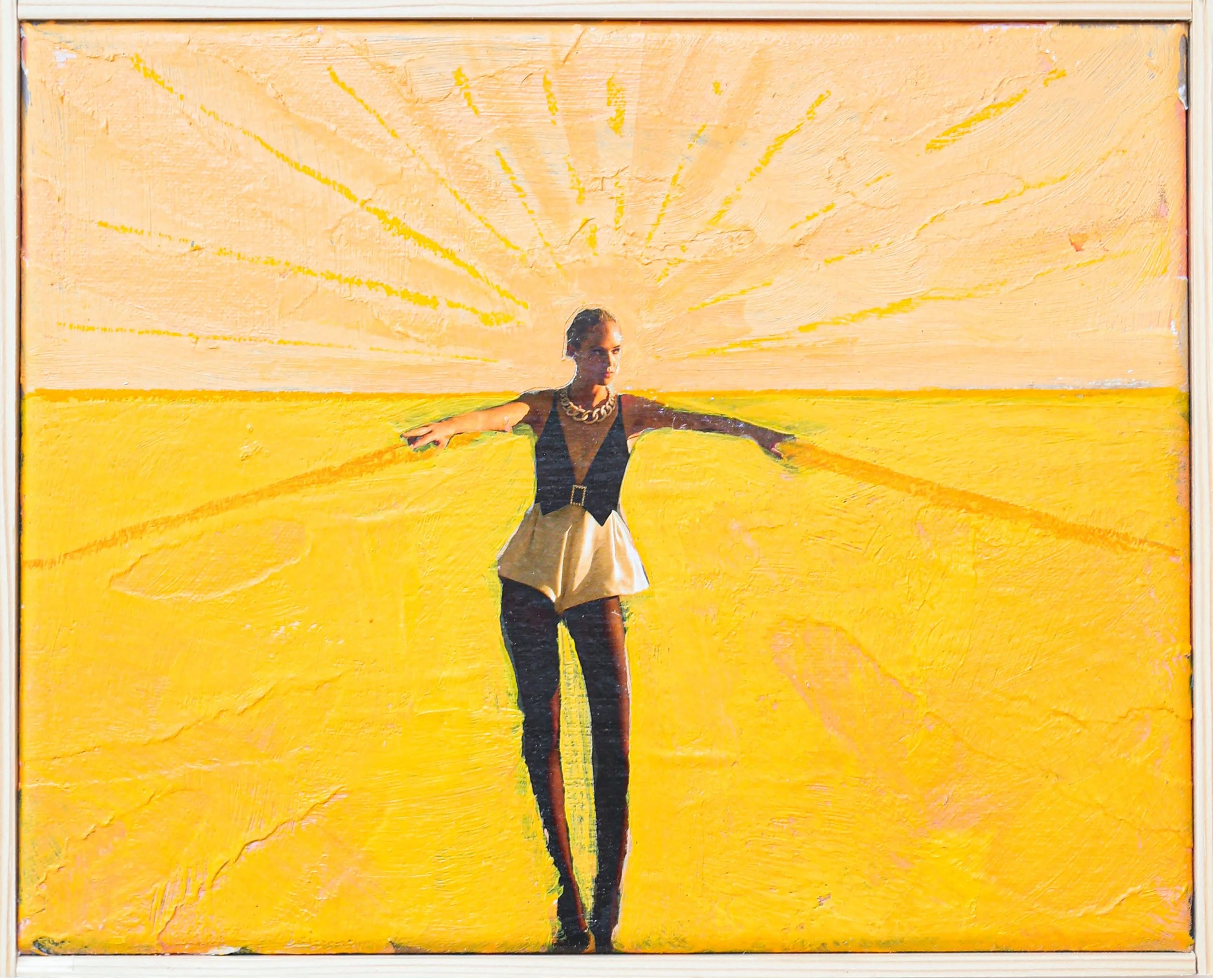 A woman with arms outstretched standing in a bright yellow field at sunset, painted in a stylized, artistic manner.