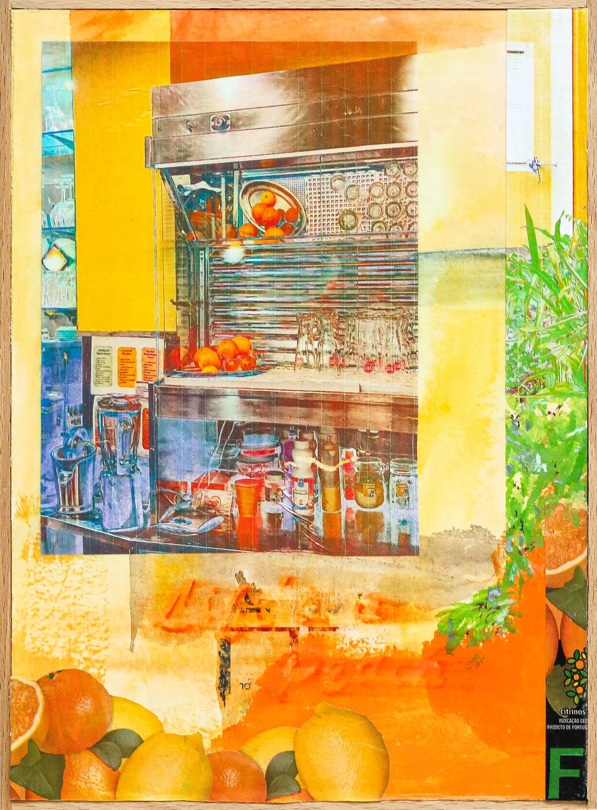 A collage with a photo of a yellow kitchen shelf holding oranges and various containers, surrounded by citrus fruit illustrations including oranges, lemons, and limes.