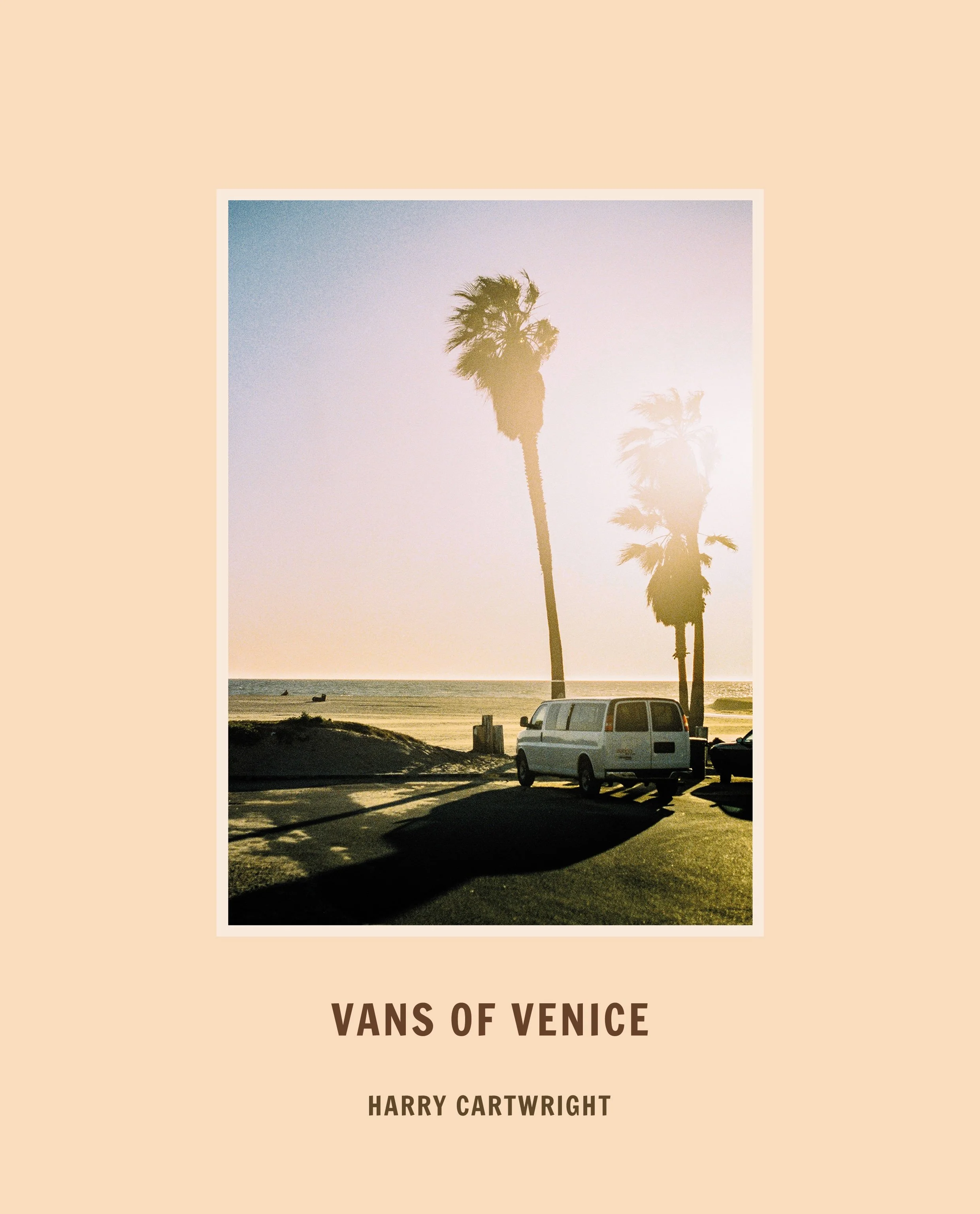 Sunset at a beach with two palm trees, a parked white van, and shadows cast on the ground.