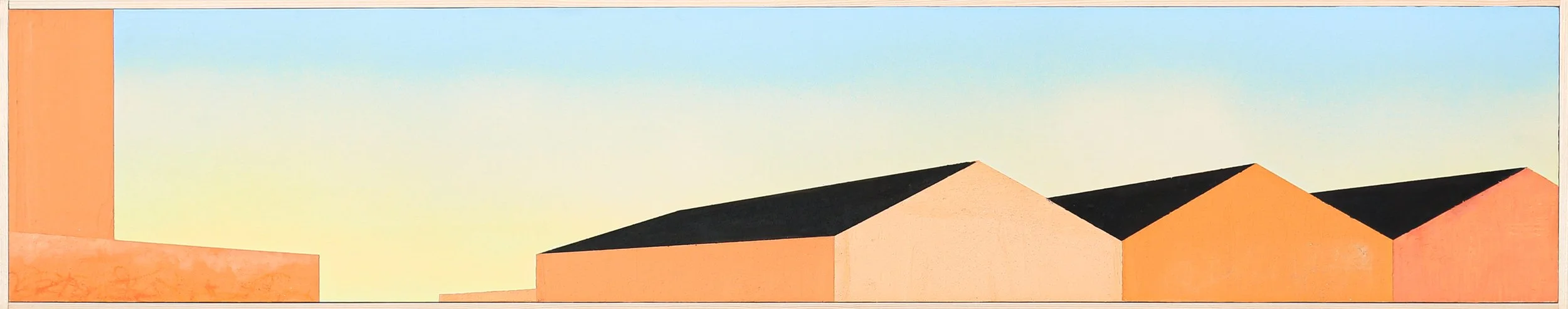 A painting of a cityscape with a blue sky, orange and beige buildings, and black roofs in a minimalist style.