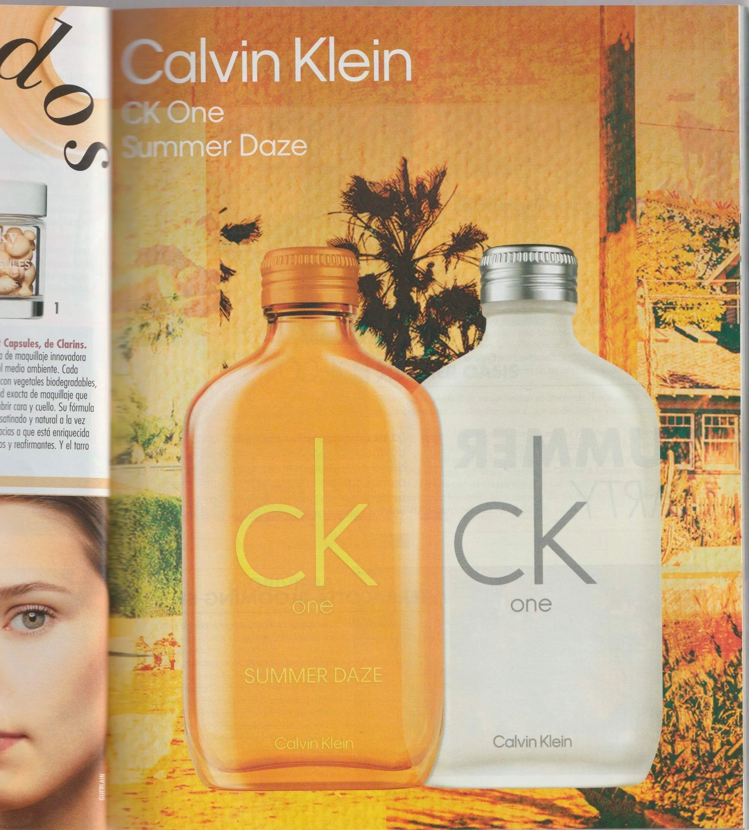 Two Calvin Klein 'CK One Summer Daze' perfume bottles, one orange and one white, on a yellow background with a silhouette of trees and a building. Harry Cartwright