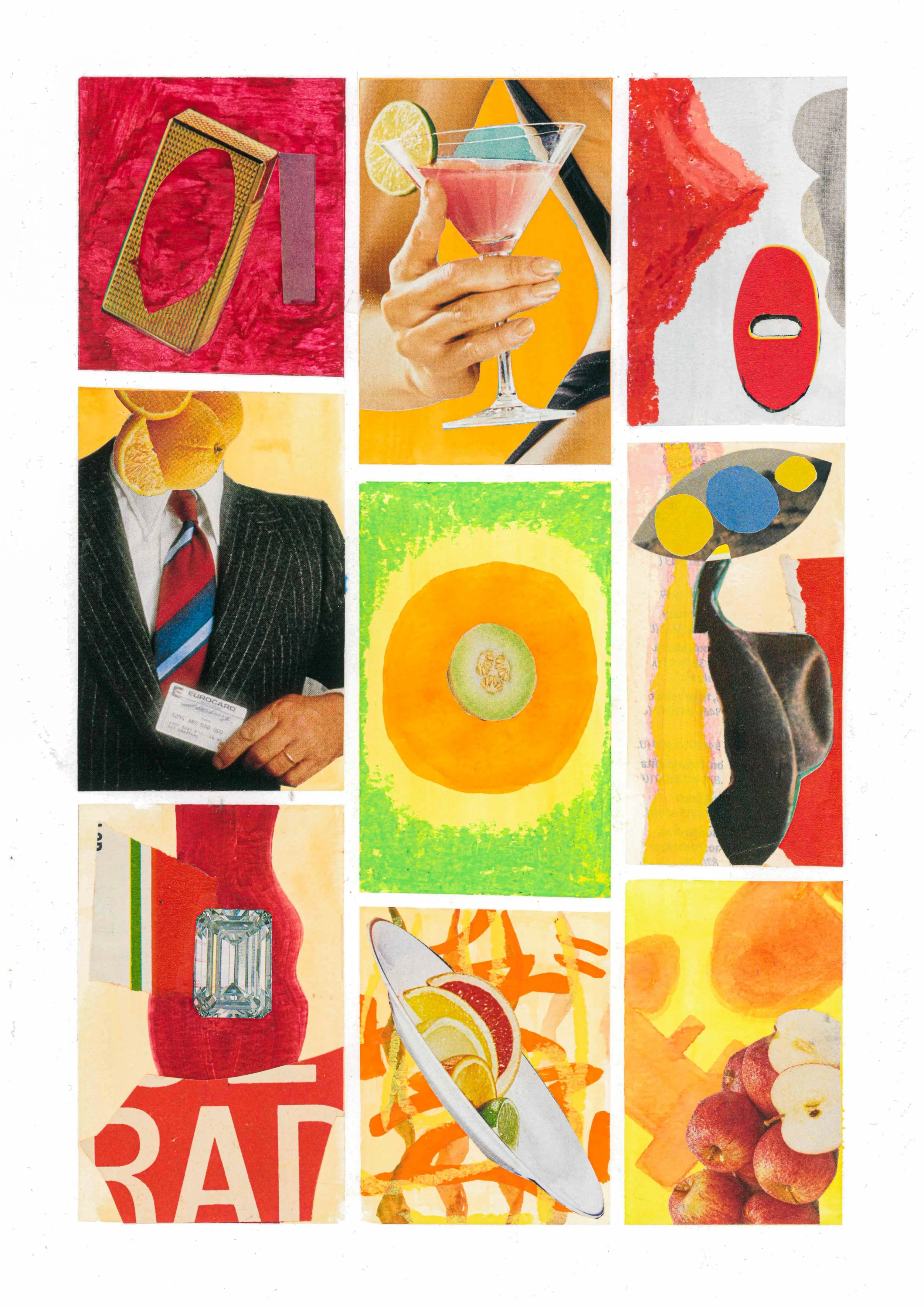 Collage of various images including a martini cocktail, a person holding a Euro travel card, a slice of orange, a bowl of fruit, and artful abstract shapes.