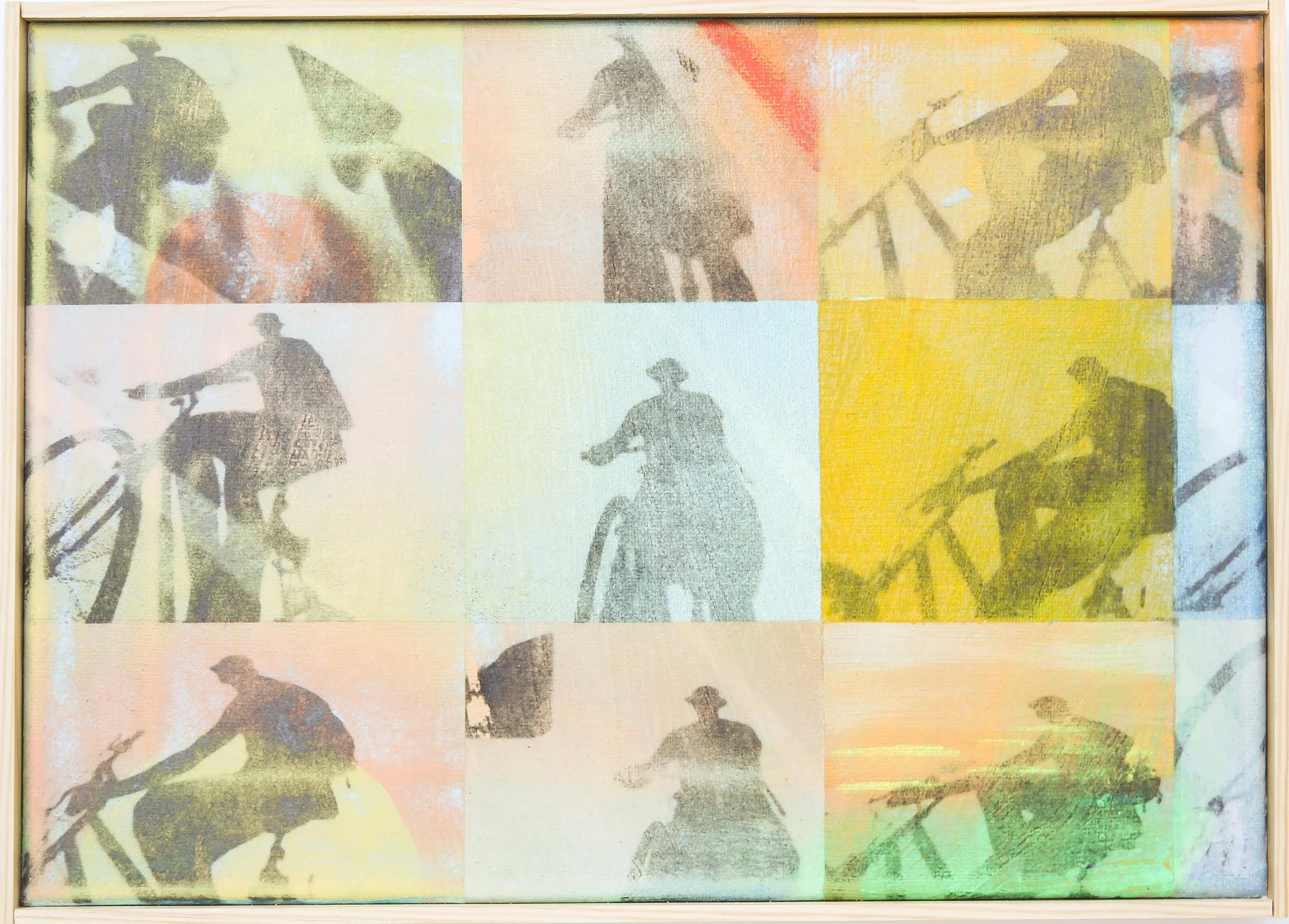 A grid of nine artistic prints, each depicting a silhouette of a woman in a dress riding a bicycle, with variations in color tones and background textures.