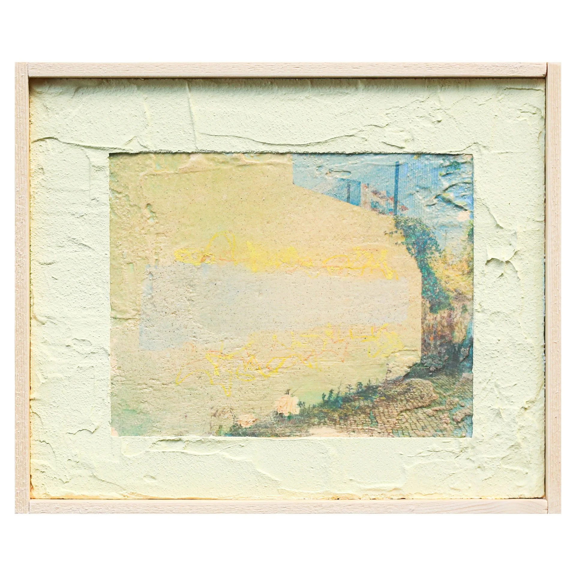 Framed abstract painting with textured light green background, hints of pastel colors, and a landscape scene with a bridge and trees.