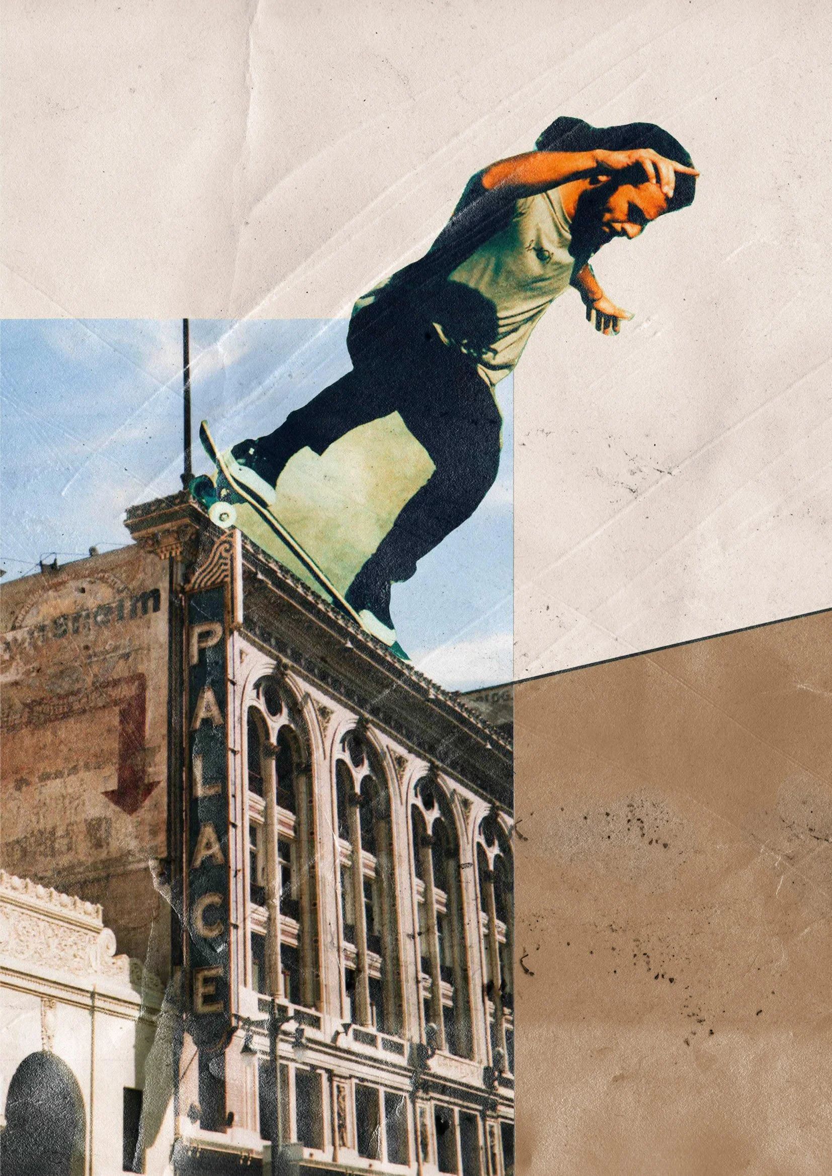 An edited collage of a man skateboarding on the edge of a rooftop, with a superimposed large image of the same man overhead, contrasted with a textured background.