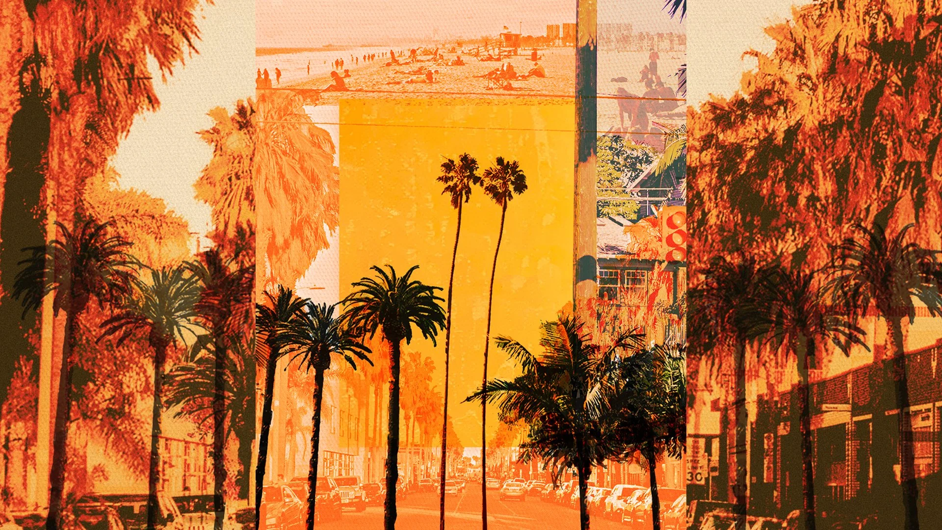 Stylized image of a street with tall palm trees, cars parked along the street, buildings, and a partly clouded sky, with a warm orange and yellow color filter. Design by Harry Cartwright