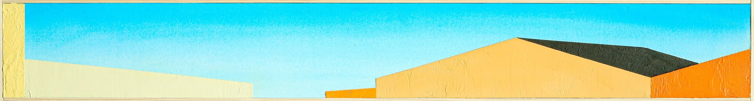 Colorful wall mural with abstract geometric shapes and buildings against a bright blue sky.