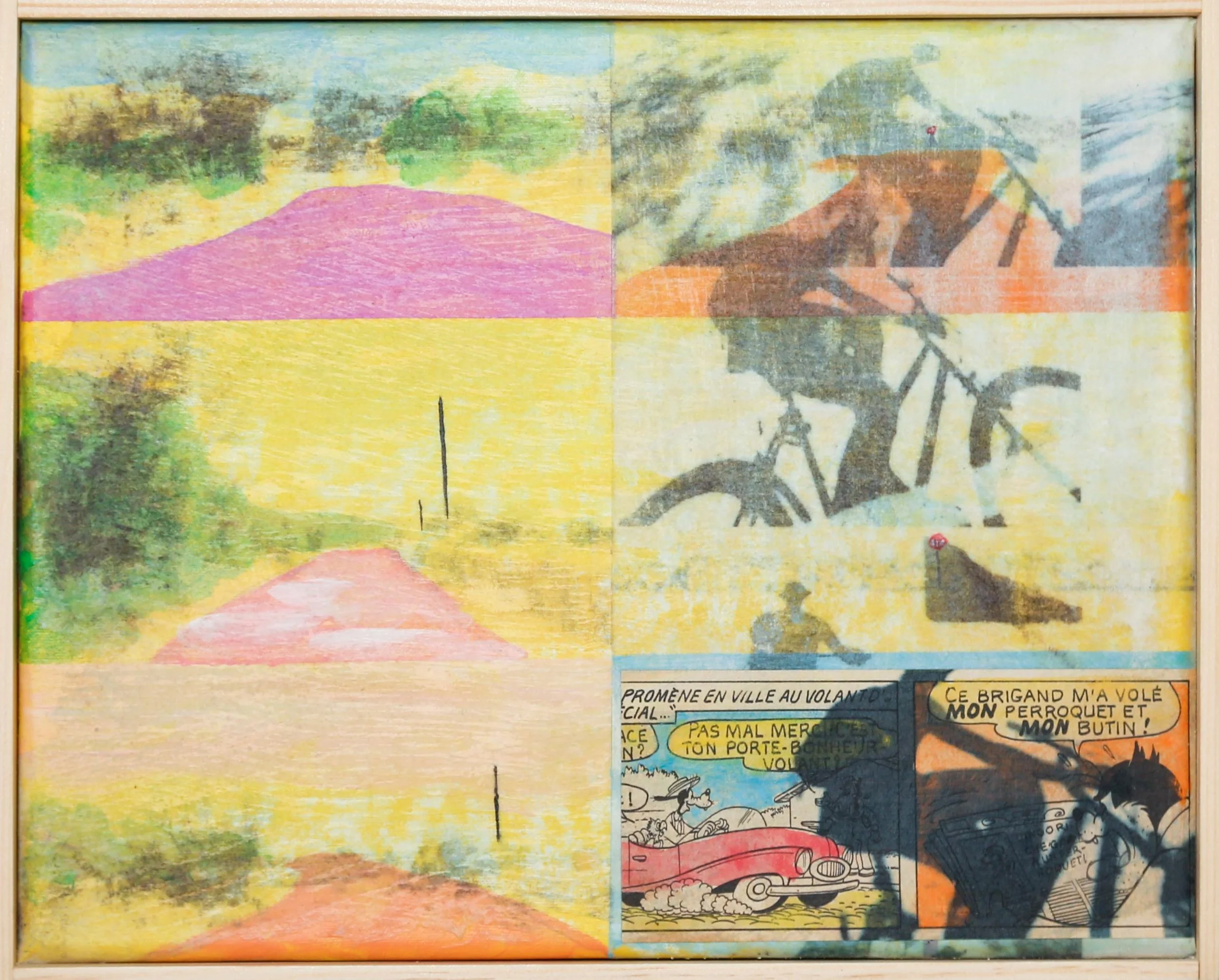 A colorful collage combining a landscape painting of a yellow and green terrain with a pink hill, a black silhouette of a person riding a bicycle, and a comic strip with dialogue in French about a horse chase.