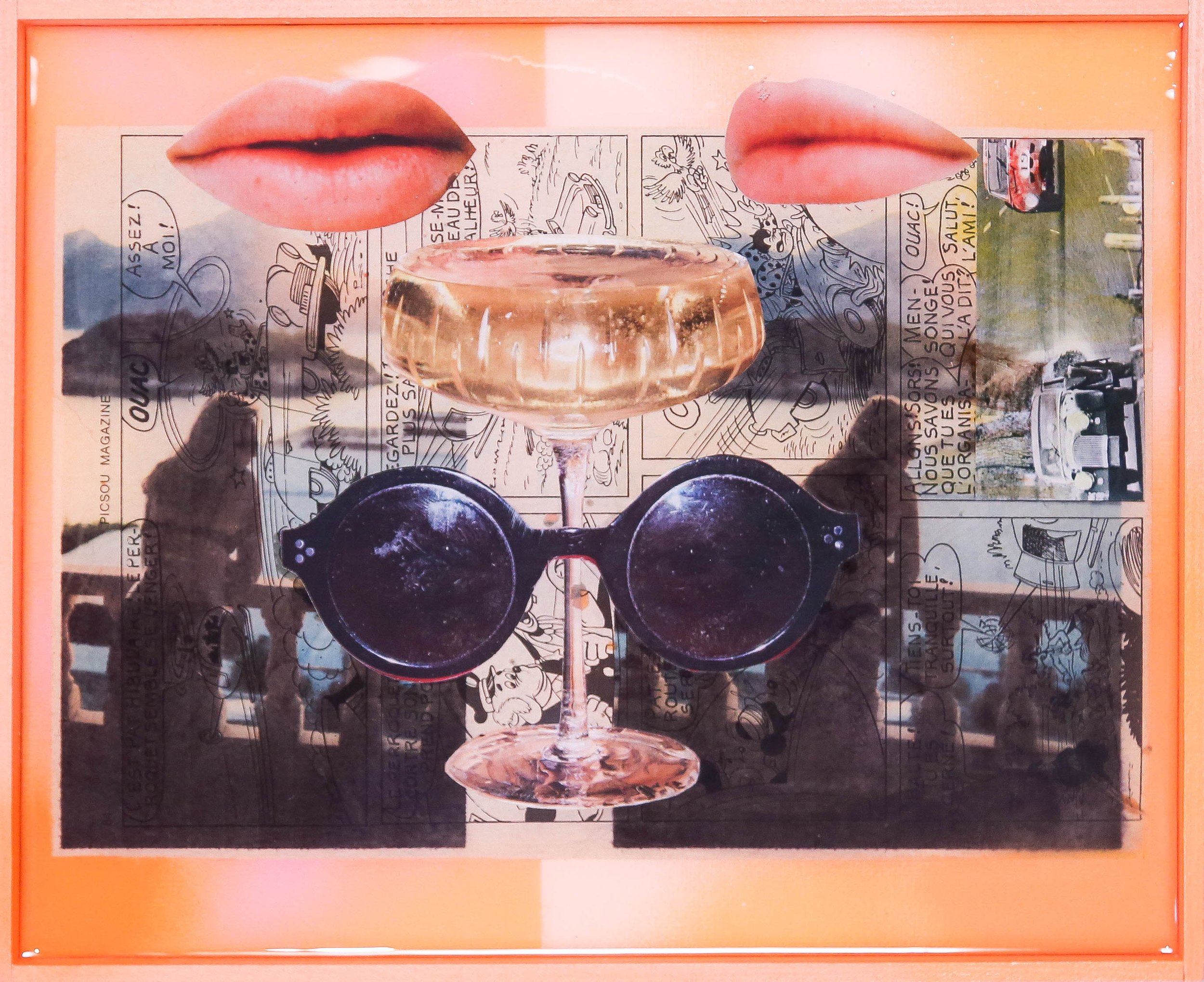 A collage with three large lips, a margarita glass filled with a drink, and a pair of sunglasses, overlaid on a black and white comic strip background with text and illustrations.