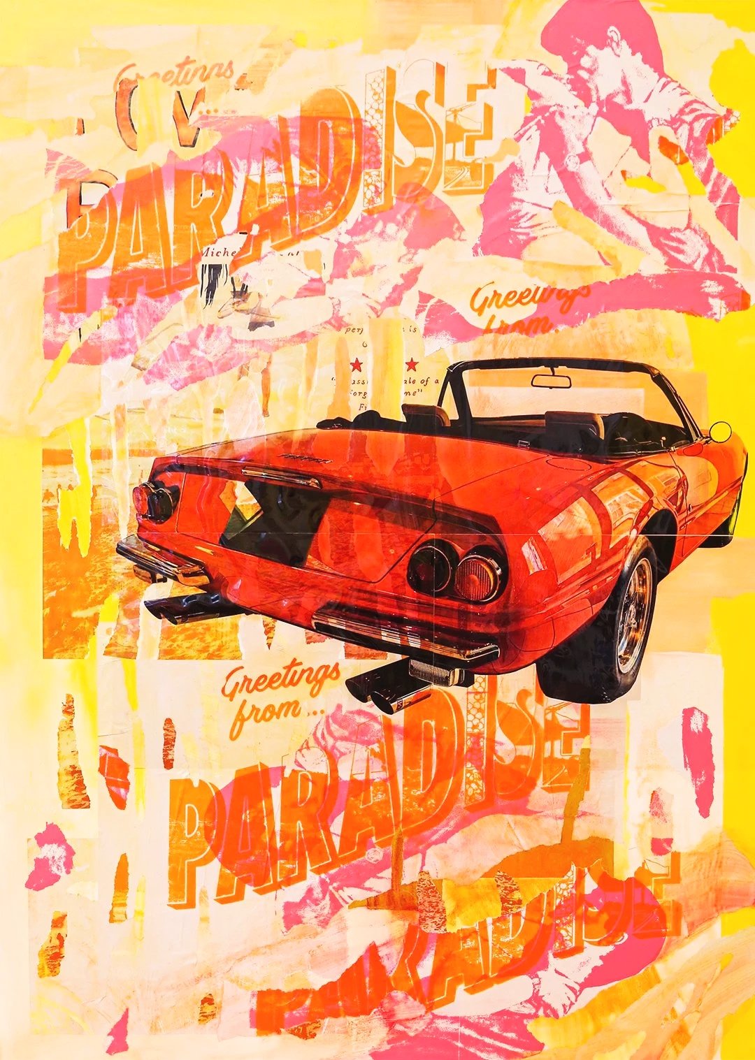 A collage featuring a vintage red convertible car overlaid on a background with various cutouts and writings including "Greetings from PARADISE" and "Greetings from." The collage has vibrant pink, orange, and yellow hues.