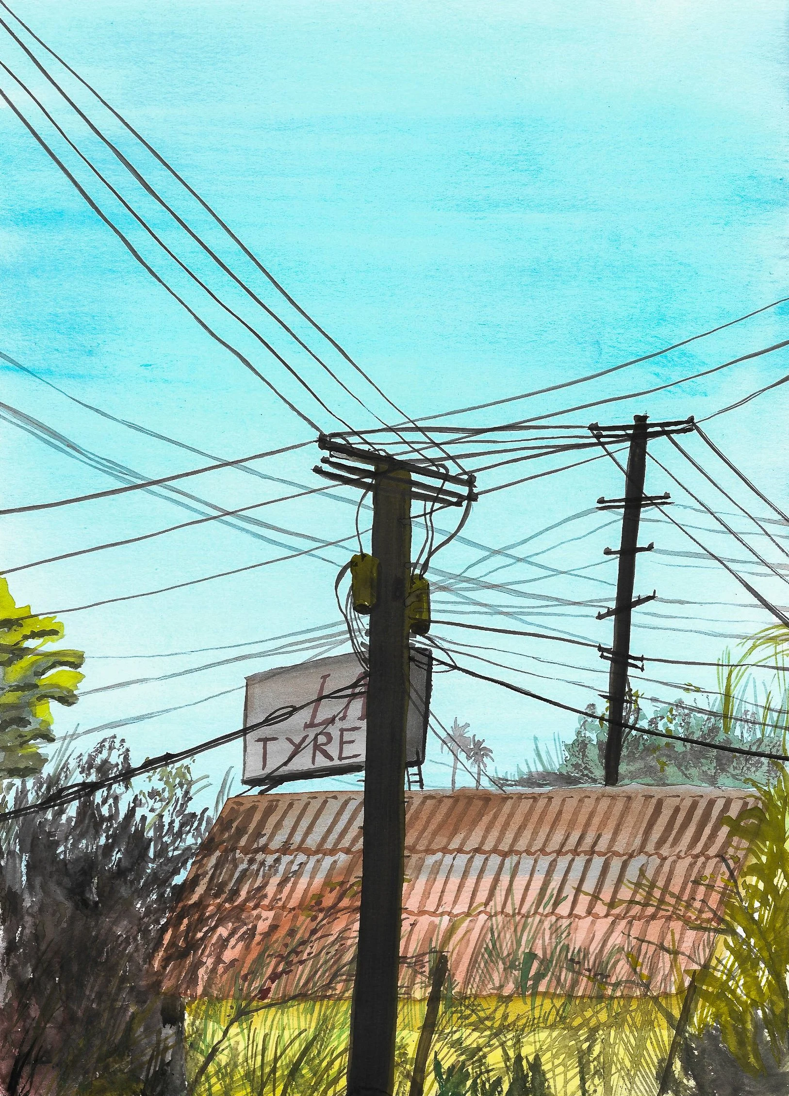 Watercolor painting of a utility pole with multiple wires against a bright blue sky, with trees and a building with a red roof in the background.