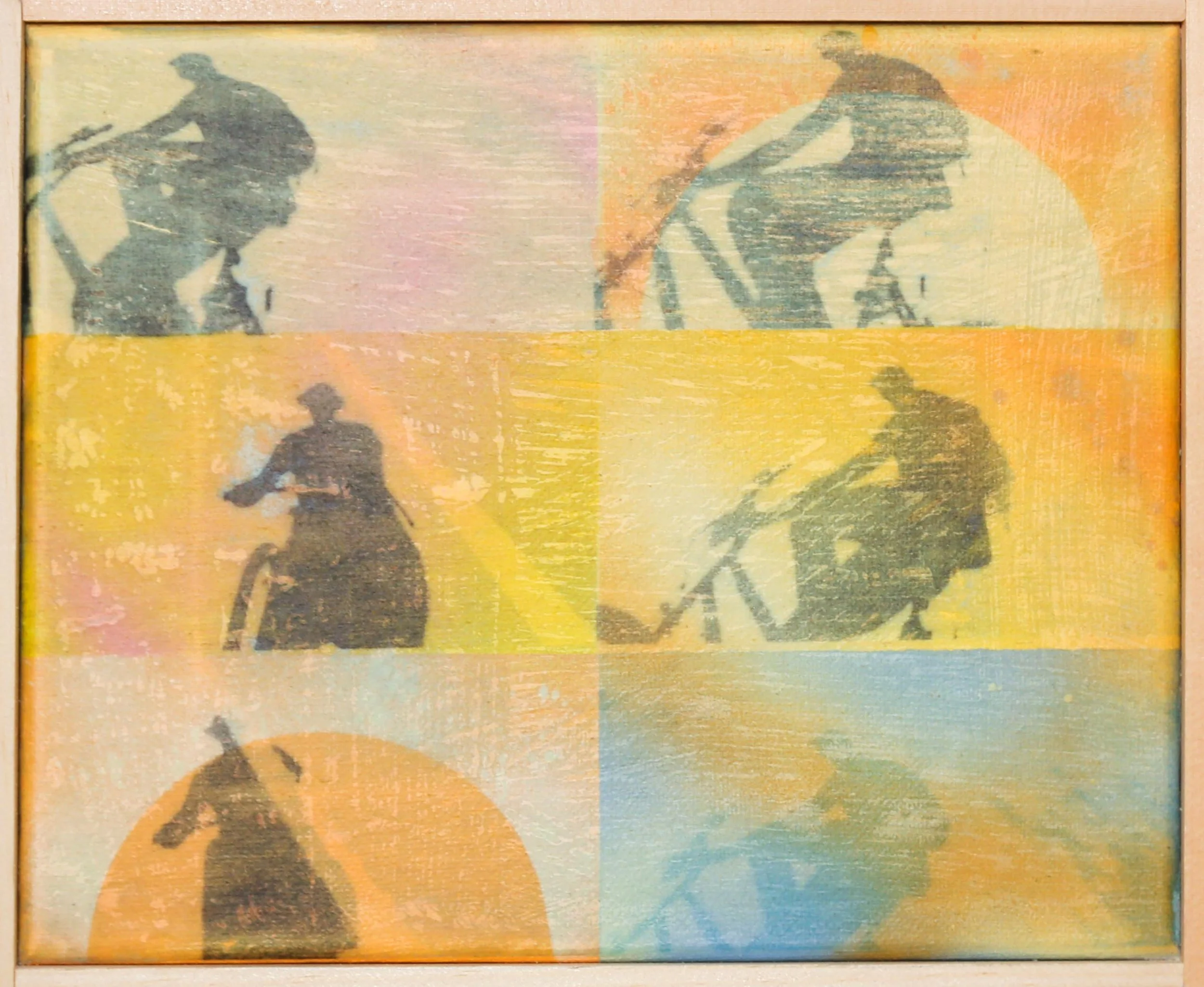Four silhouettes of a person riding a bicycle, each in different color backgrounds: orange, yellow, peach, and blue.
