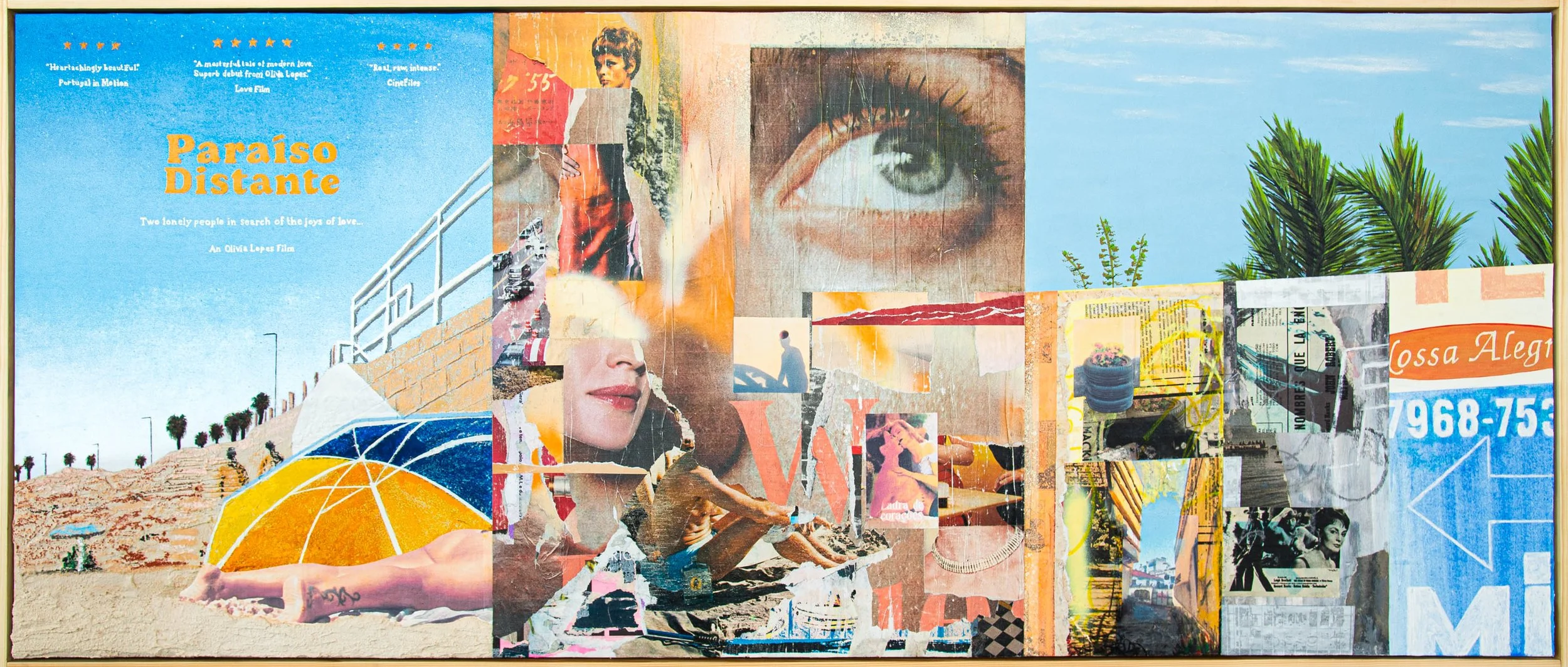Collage mural with scenes of beach, palm trees, eye, woman, person sitting, and various abstract and printed elements.