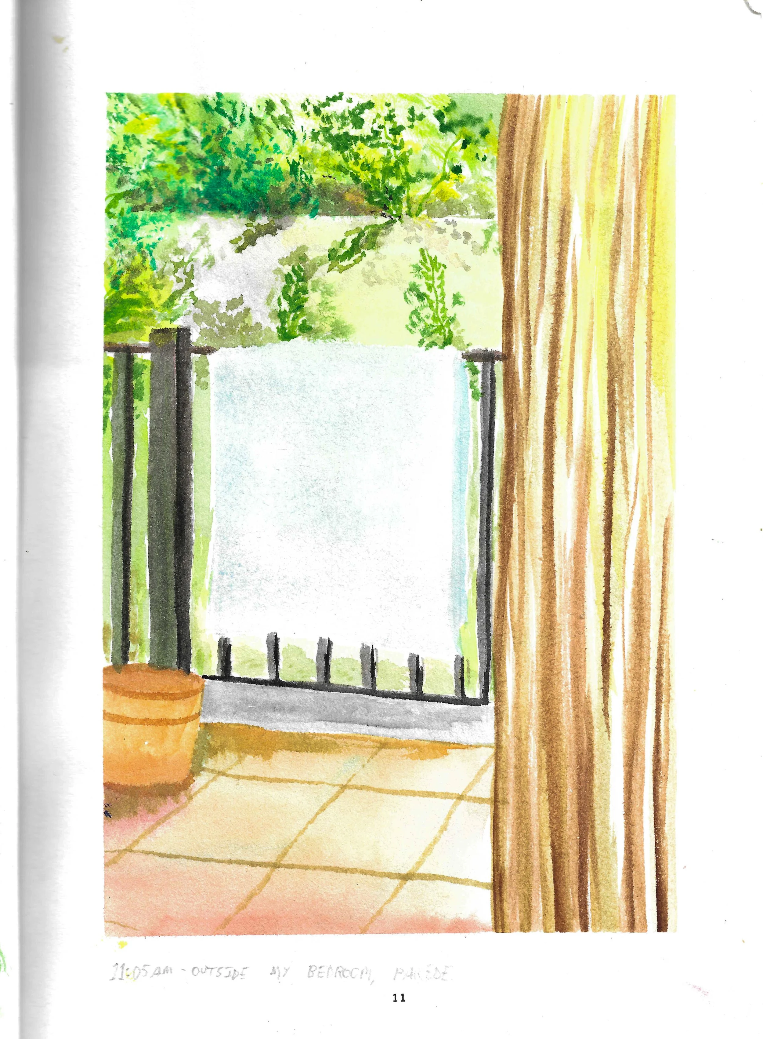 Watercolor painting of a balcony view with a potted plant, black railing, green trees in the background, a white towel hanging on the railing, tile flooring, and a brown curtain on the right side.