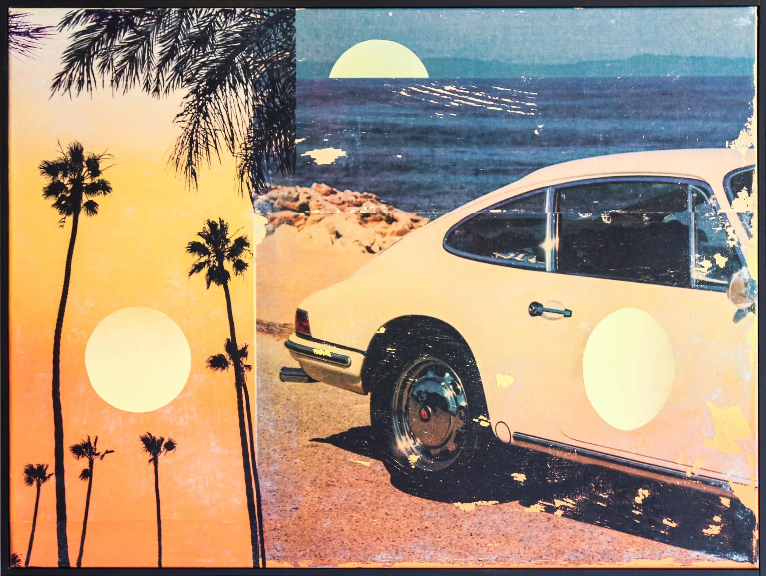 Vintage Porsche car parked on a beach with an ocean view, palm trees, and a setting sun in the background, in a retro-style artwork.