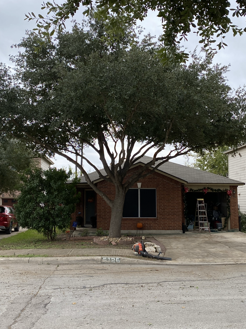A brick house with a large tree in front, a garage with Christmas decorations, and a leaf blower on the driveway.